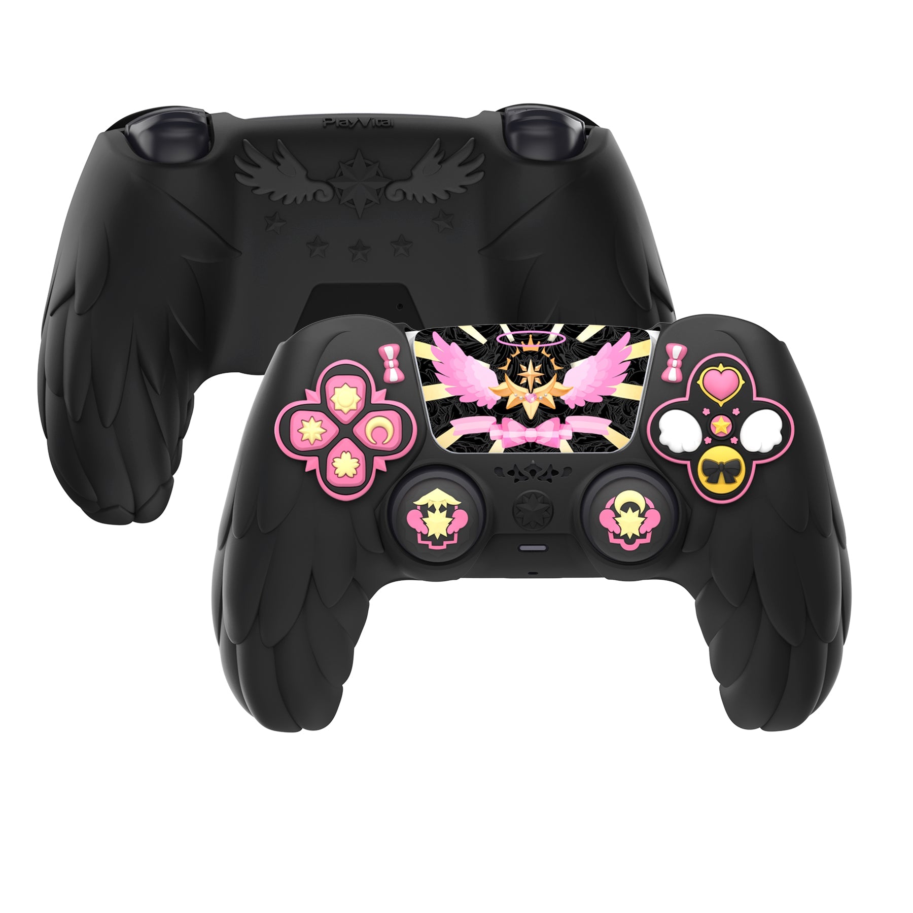 PlayVital Magic Wings Silicone Cover Skin for PS5 Controller with Thumbstick Caps & Themed Stickers, Charging Station Compatible - Black PlayVital