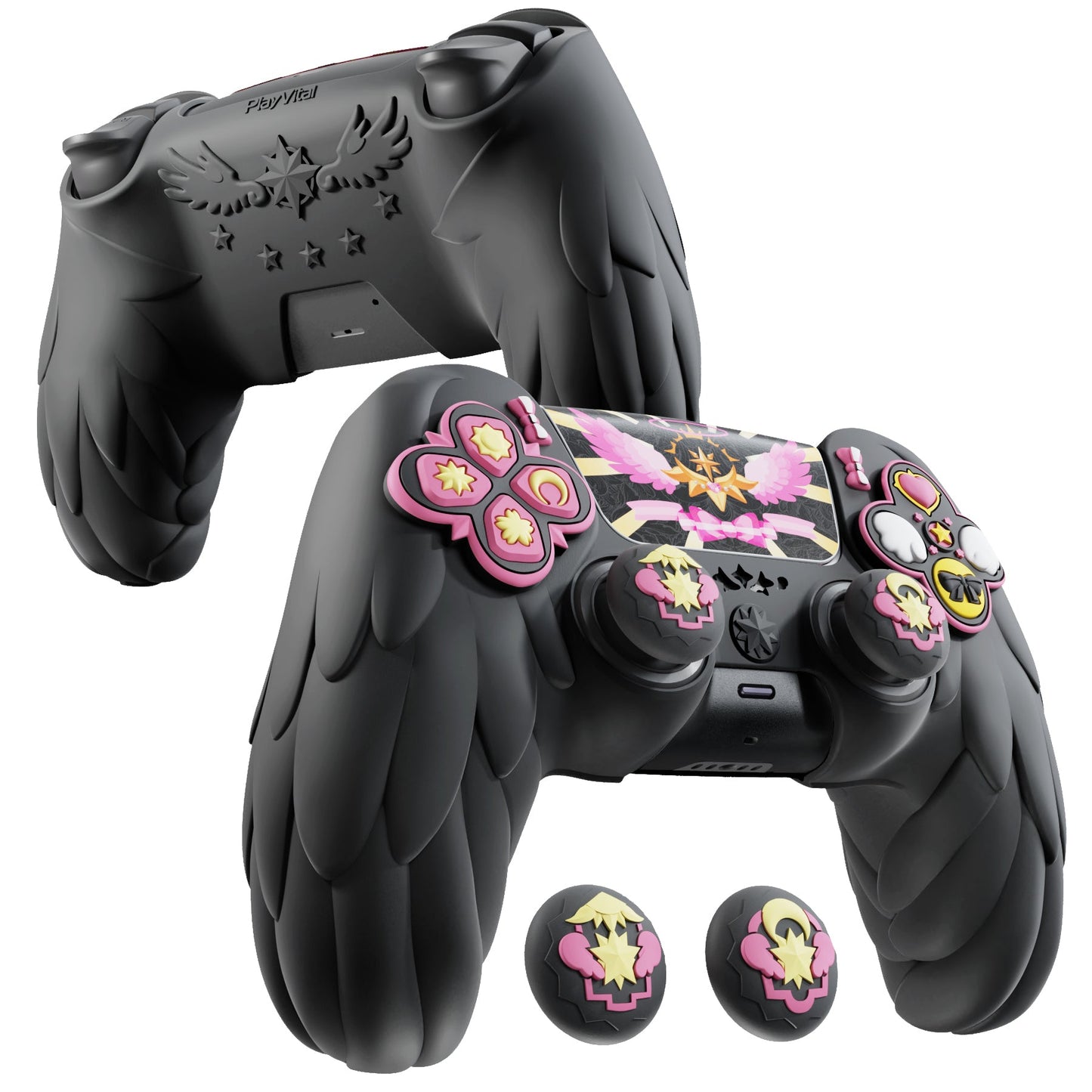 PlayVital Magic Wings Silicone Cover Skin for PS5 Controller with Thumbstick Caps & Themed Stickers, Charging Station Compatible - Black PlayVital