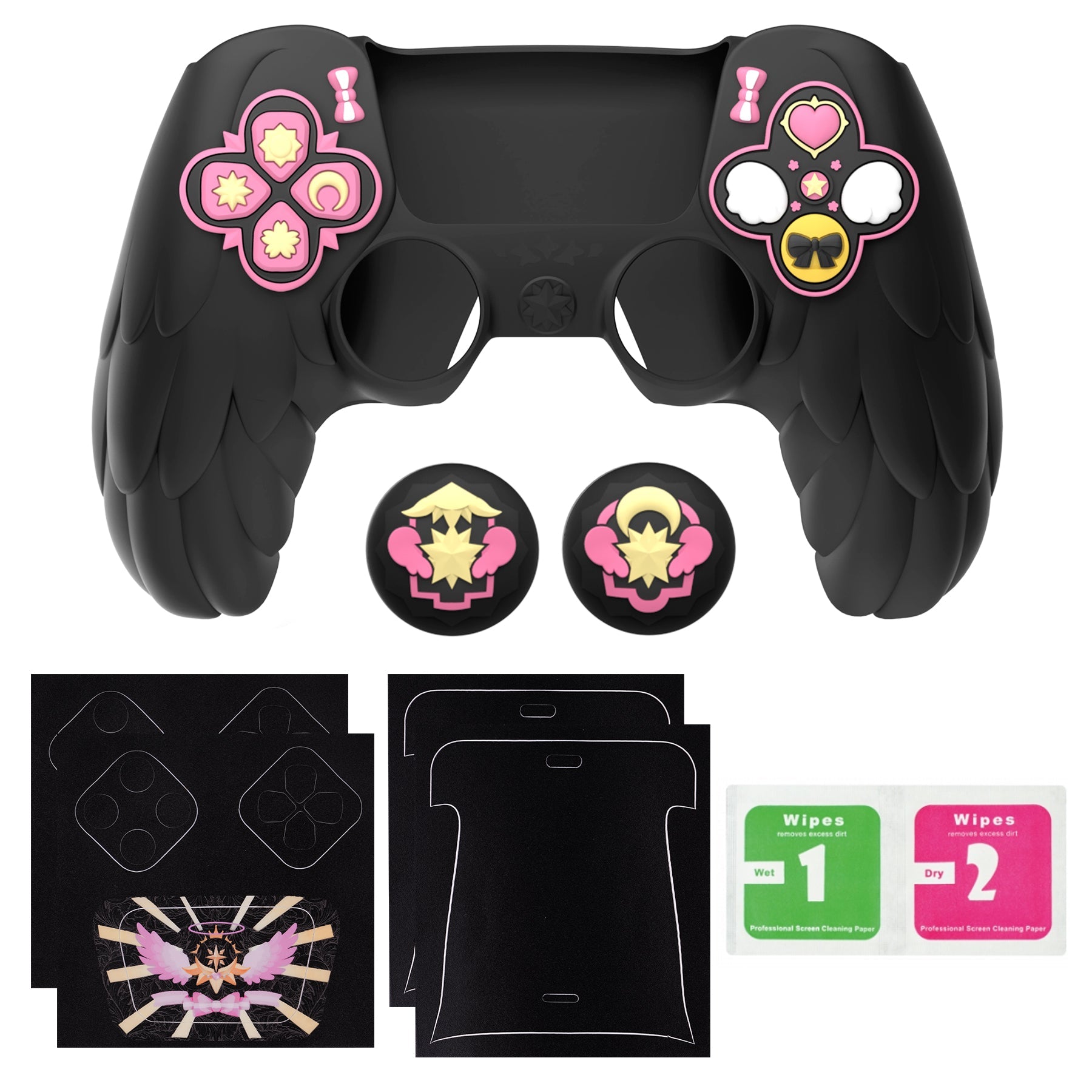 PlayVital Magic Wings Silicone Cover Skin for PS5 Controller with Thumbstick Caps & Themed Stickers, Charging Station Compatible - Black PlayVital
