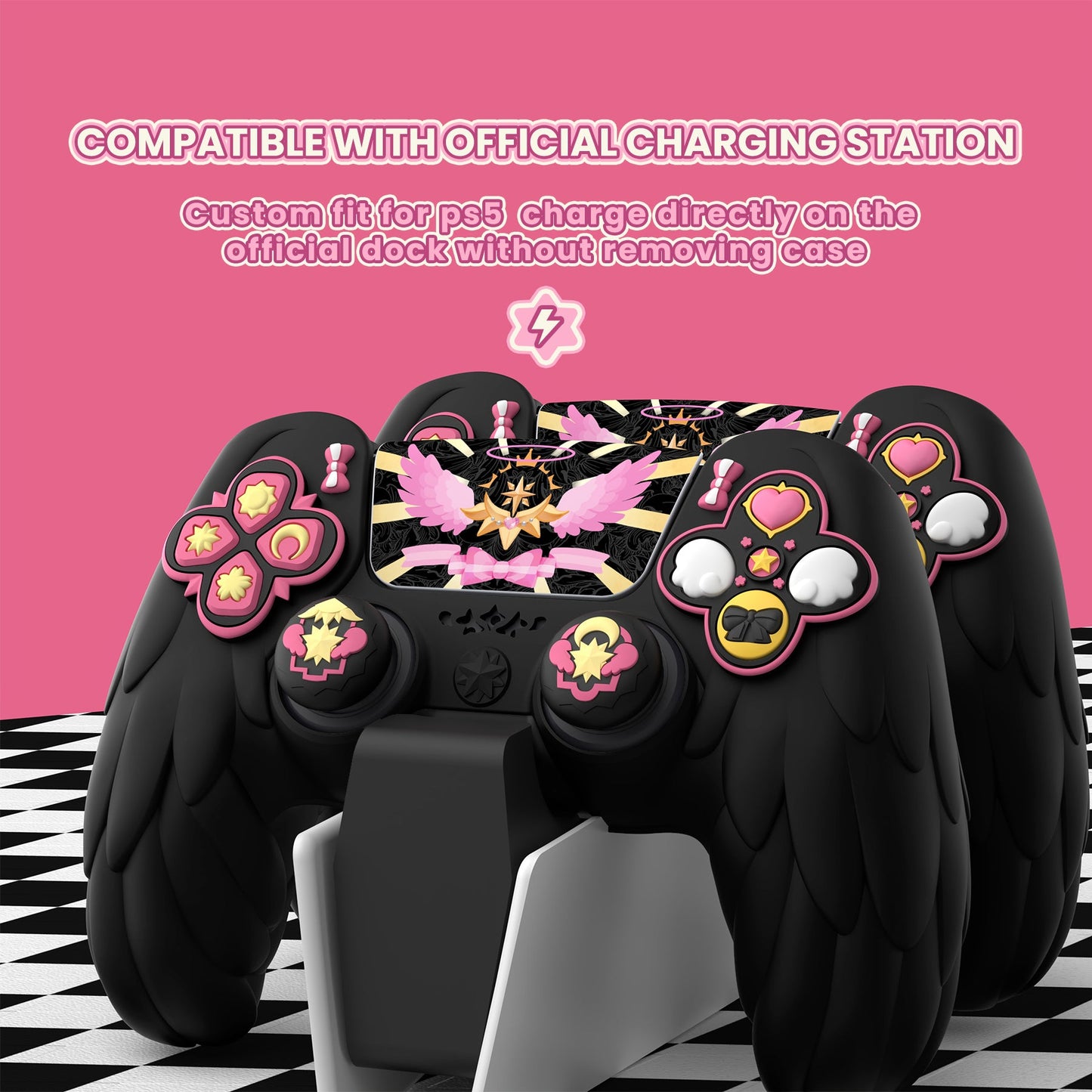 PlayVital Magic Wings Silicone Cover Skin for PS5 Controller with Thumbstick Caps & Themed Stickers, Charging Station Compatible - Black PlayVital