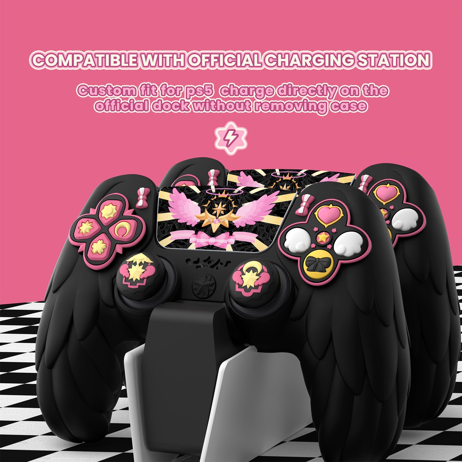 PlayVital Magic Wings Silicone Cover Skin for PS5 Controller with Thumbstick Caps & Themed Stickers, Charging Station Compatible - Black PlayVital