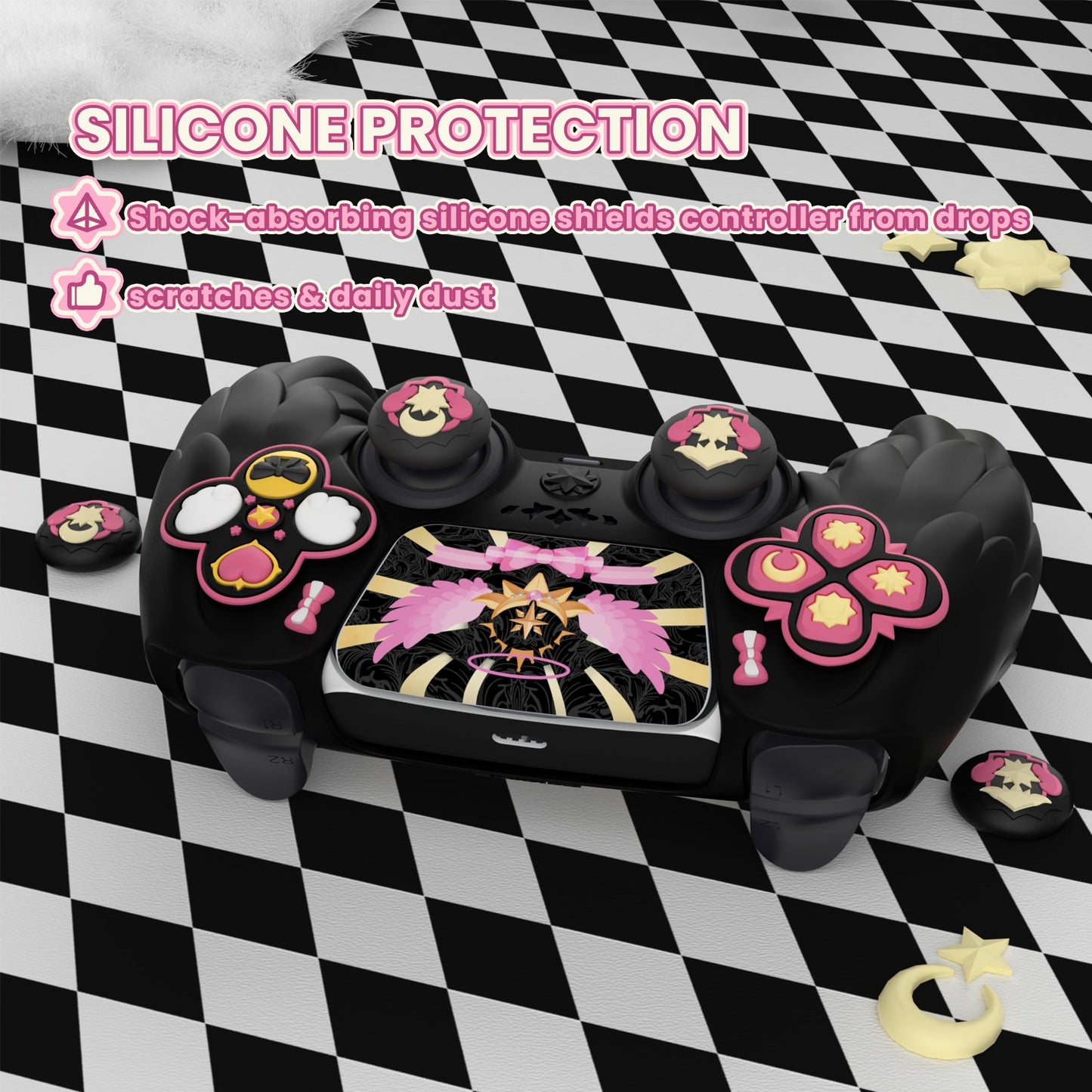 PlayVital Magic Wings Silicone Cover Skin for PS5 Controller with Thumbstick Caps & Themed Stickers, Charging Station Compatible - Black PlayVital