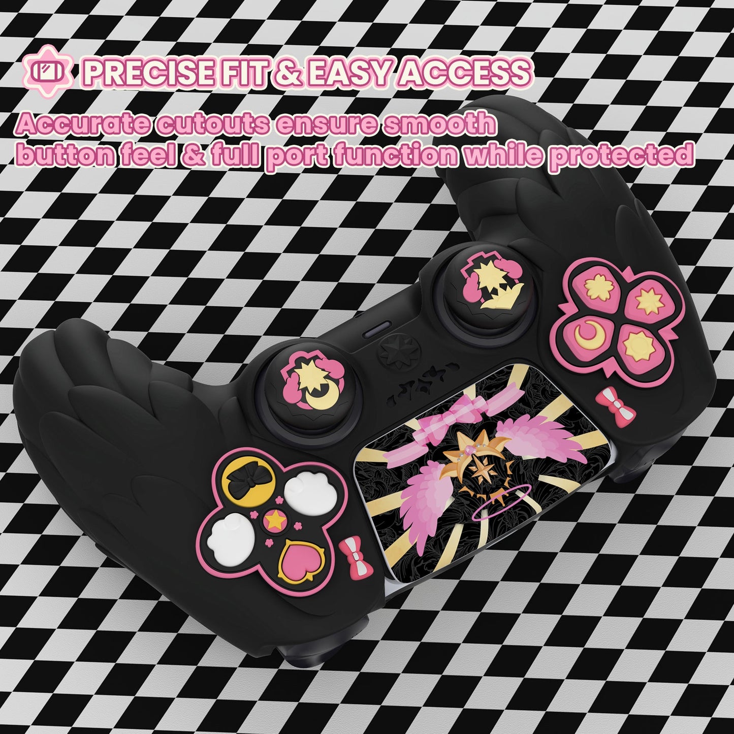 PlayVital Magic Wings Silicone Cover Skin for PS5 Controller with Thumbstick Caps & Themed Stickers, Charging Station Compatible - Black PlayVital