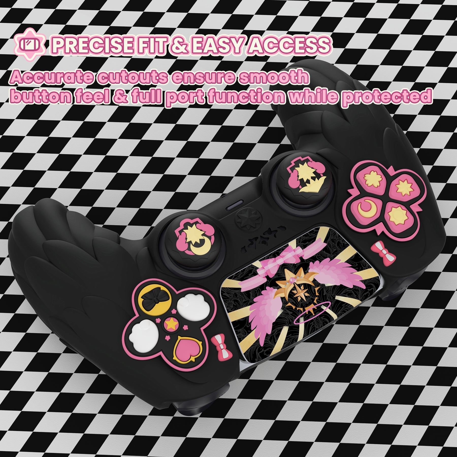 PlayVital Magic Wings Silicone Cover Skin for PS5 Controller with Thumbstick Caps & Themed Stickers, Charging Station Compatible - Black PlayVital