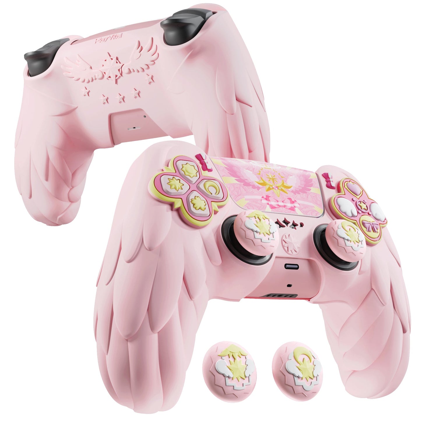 PlayVital Magic Wings Silicone Cover Skin for PS5 Controller with Thumbstick Caps & Themed Stickers, Charging Station Compatible - Pink PlayVital