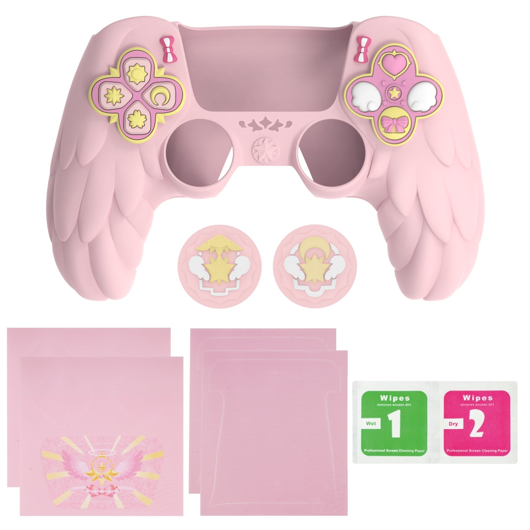 PlayVital Magic Wings Silicone Cover Skin for PS5 Controller with Thumbstick Caps & Themed Stickers, Charging Station Compatible - Pink PlayVital