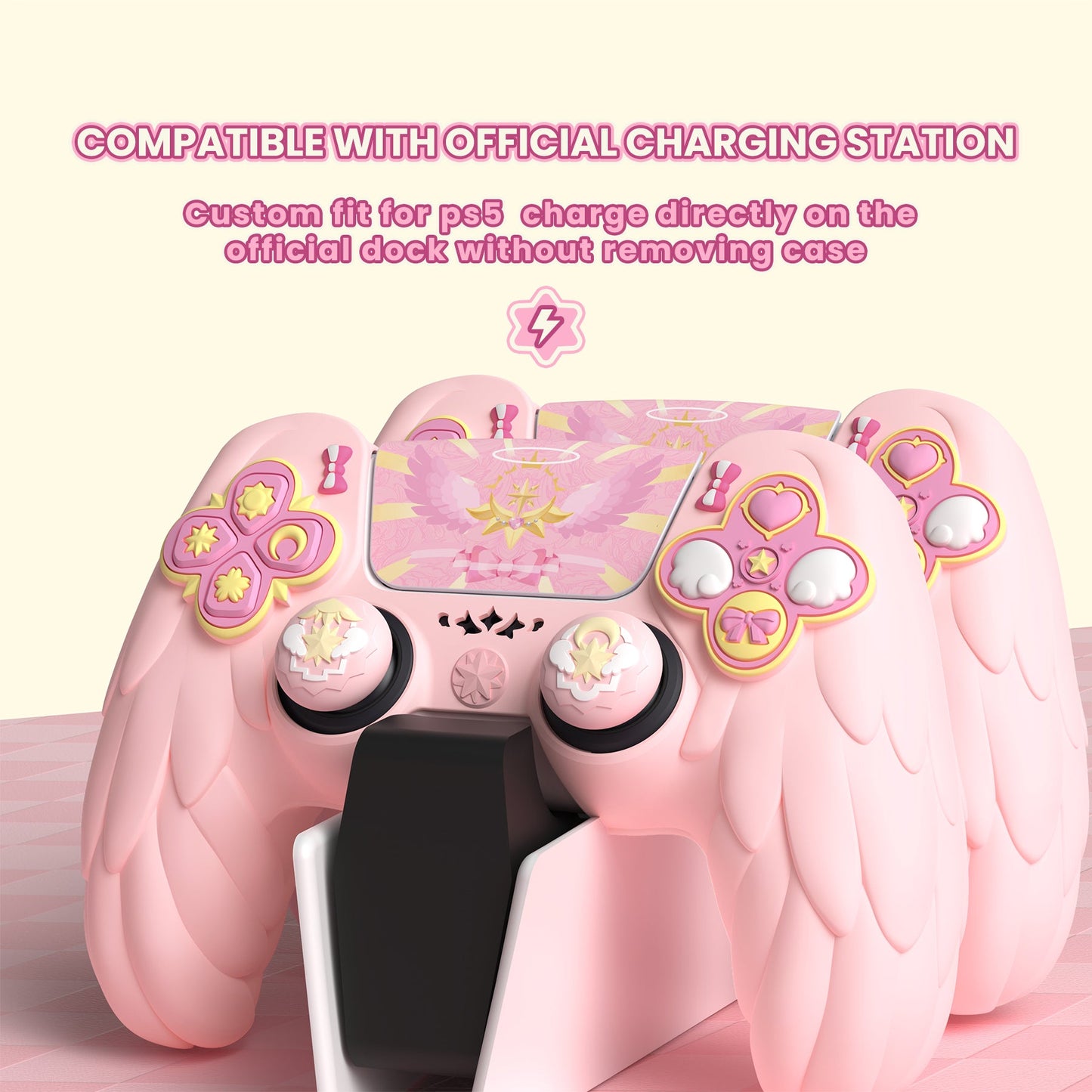 PlayVital Magic Wings Silicone Cover Skin for PS5 Controller with Thumbstick Caps & Themed Stickers, Charging Station Compatible - Pink PlayVital
