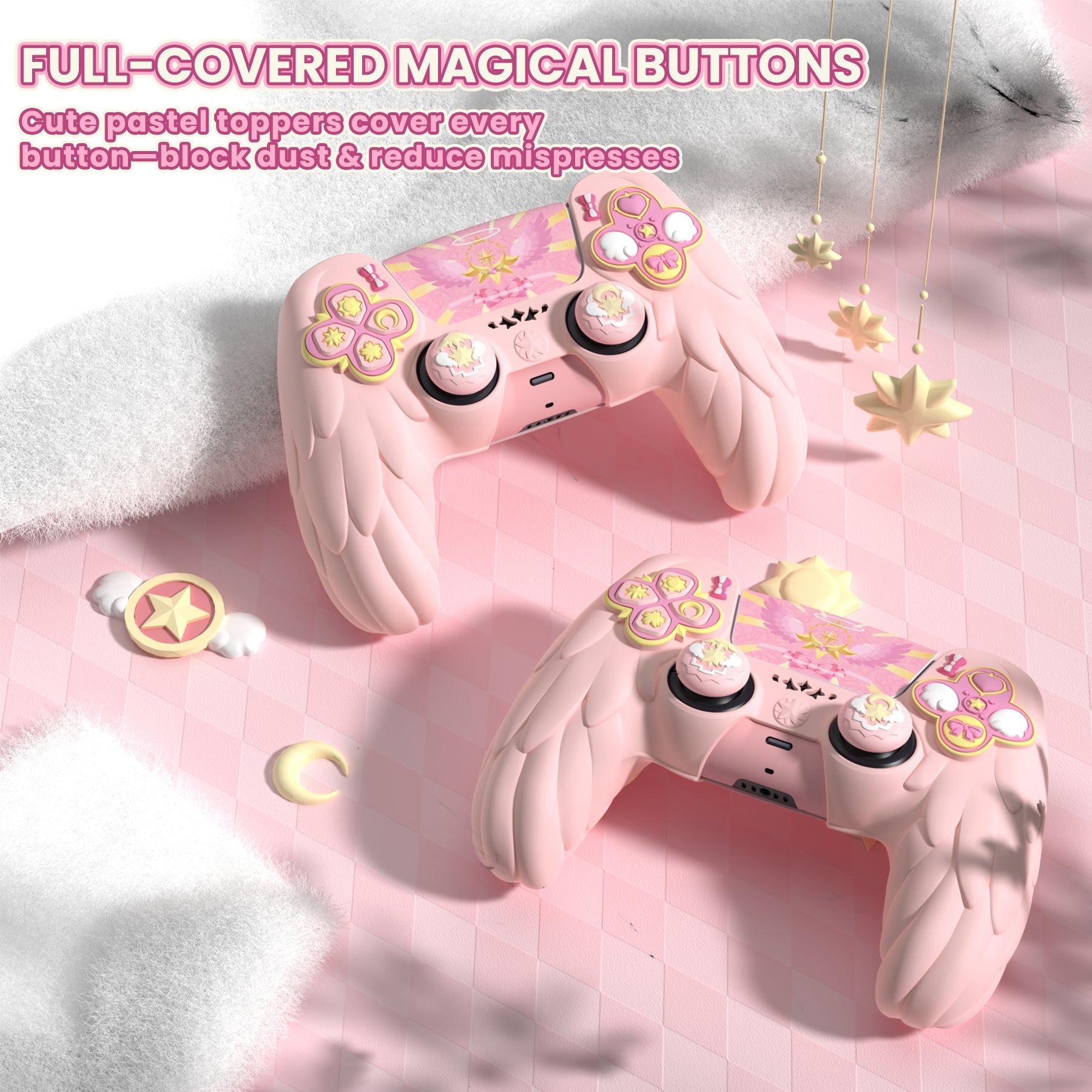 PlayVital Magic Wings Silicone Cover Skin for PS5 Controller with Thumbstick Caps & Themed Stickers, Charging Station Compatible - Pink PlayVital