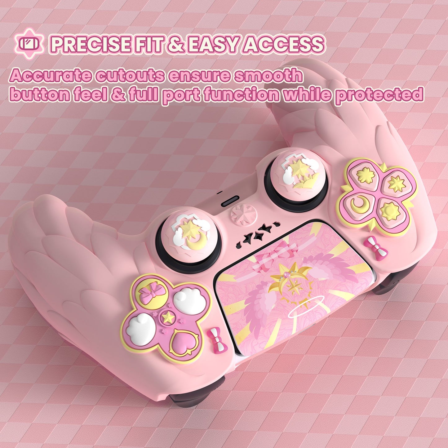 PlayVital Magic Wings Silicone Cover Skin for PS5 Controller with Thumbstick Caps & Themed Stickers, Charging Station Compatible - Pink PlayVital