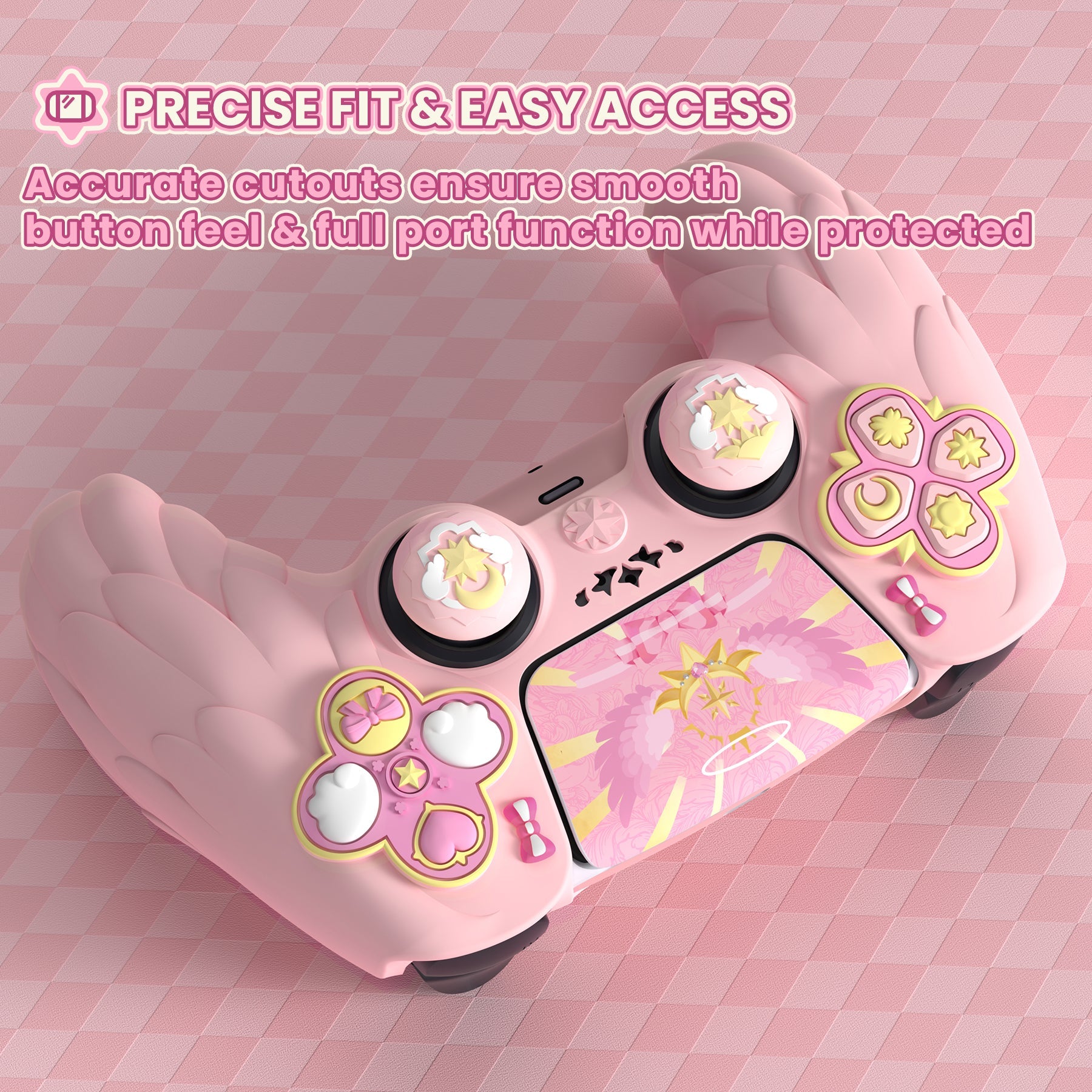 PlayVital Magic Wings Silicone Cover Skin for PS5 Controller with Thumbstick Caps & Themed Stickers, Charging Station Compatible - Pink PlayVital