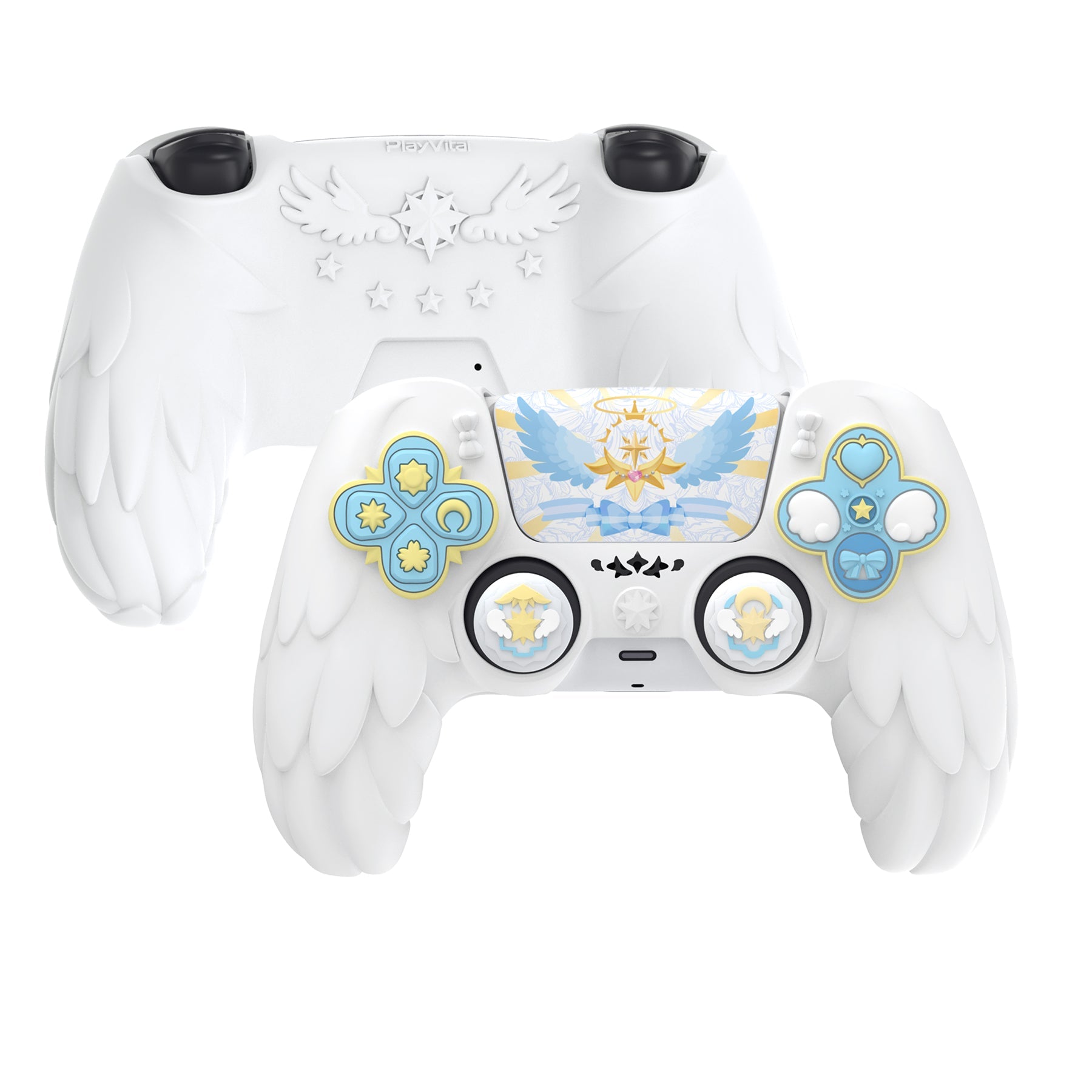 PlayVital Magic Wings Silicone Cover Skin for PS5 Controller with Thumbstick Caps & Themed Stickers, Charging Station Compatible - White PlayVital