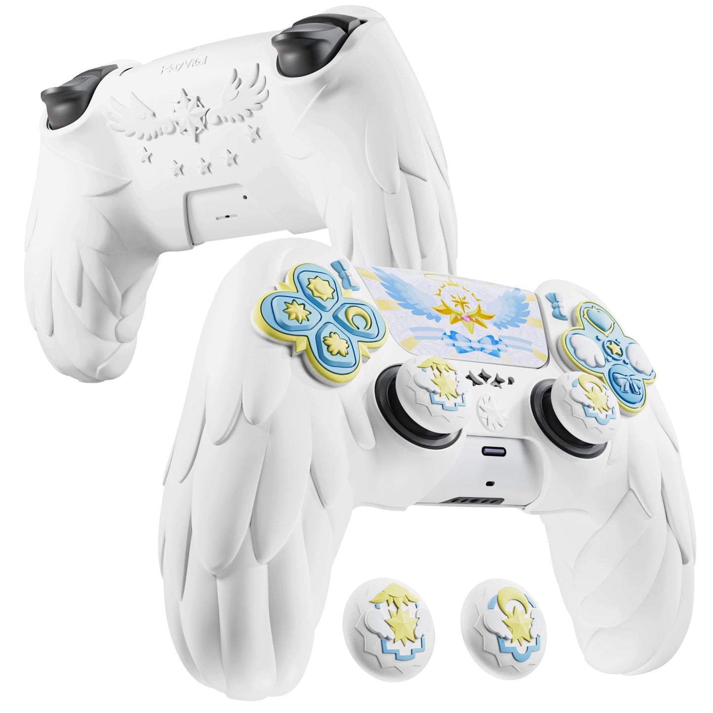 PlayVital Magic Wings Silicone Cover Skin for PS5 Controller with Thumbstick Caps & Themed Stickers, Charging Station Compatible - White PlayVital