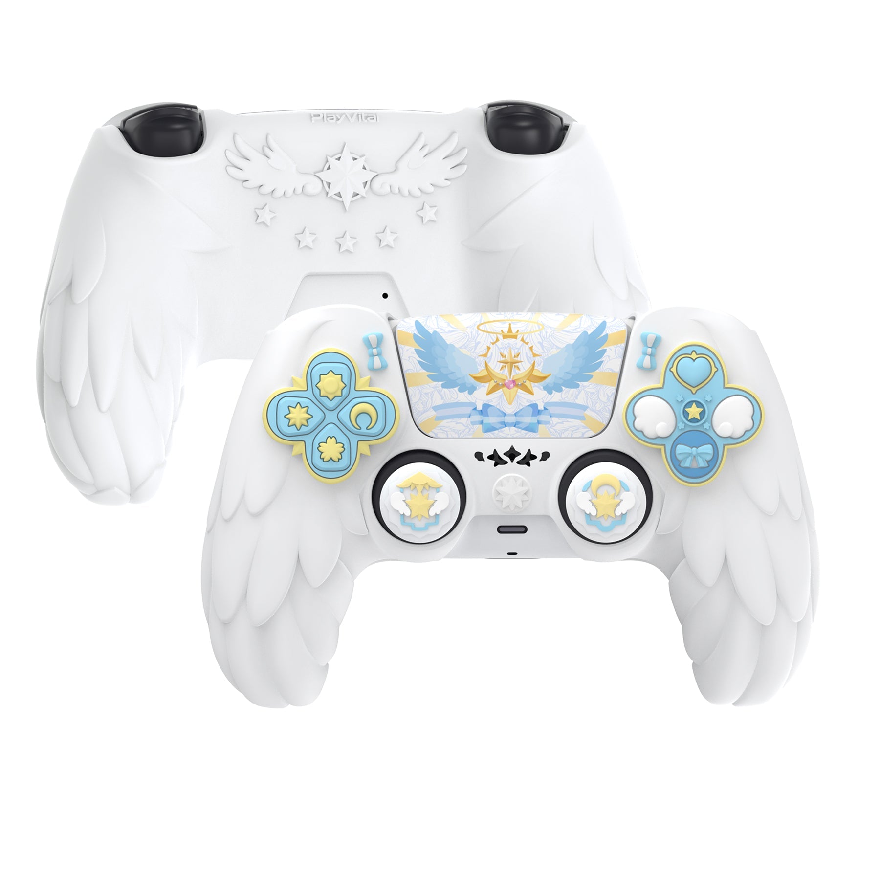 PlayVital Magic Wings Silicone Cover Skin for PS5 Controller with Thumbstick Caps & Themed Stickers, Charging Station Compatible - White PlayVital