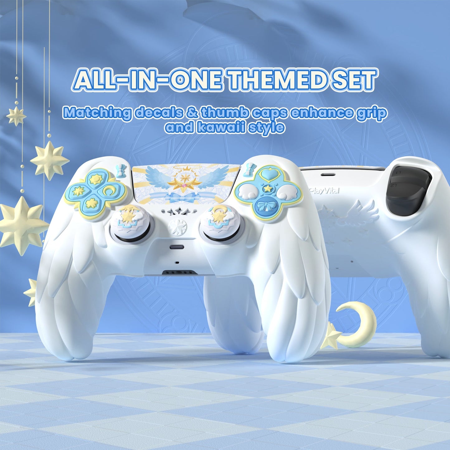 PlayVital Magic Wings Silicone Cover Skin for PS5 Controller with Thumbstick Caps & Themed Stickers, Charging Station Compatible - White PlayVital