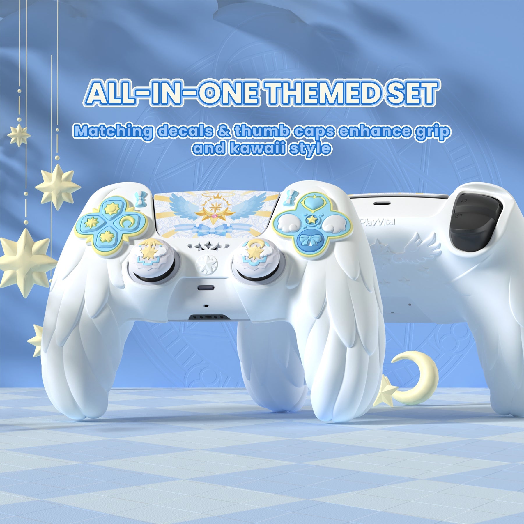 PlayVital Magic Wings Silicone Cover Skin for PS5 Controller with Thumbstick Caps & Themed Stickers, Charging Station Compatible - White PlayVital