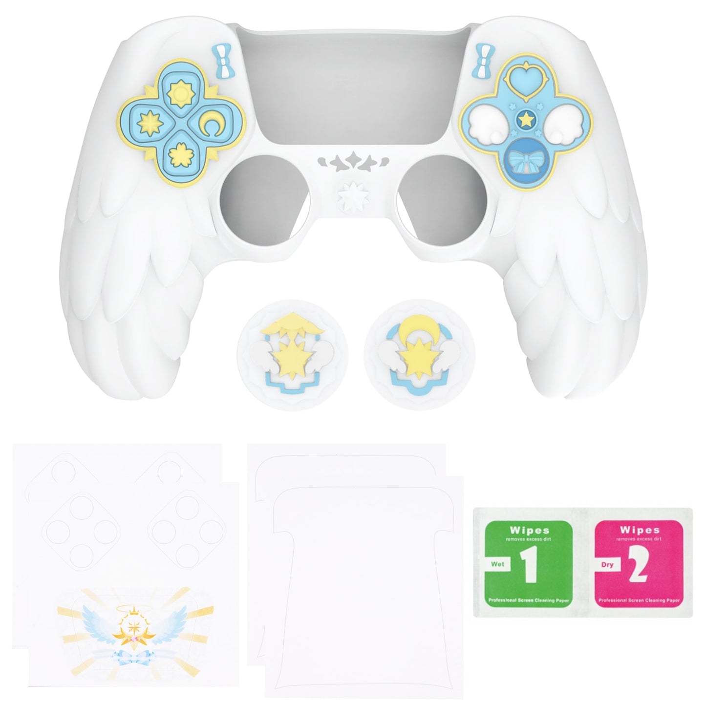 PlayVital Magic Wings Silicone Cover Skin for PS5 Controller with Thumbstick Caps & Themed Stickers, Charging Station Compatible - White PlayVital