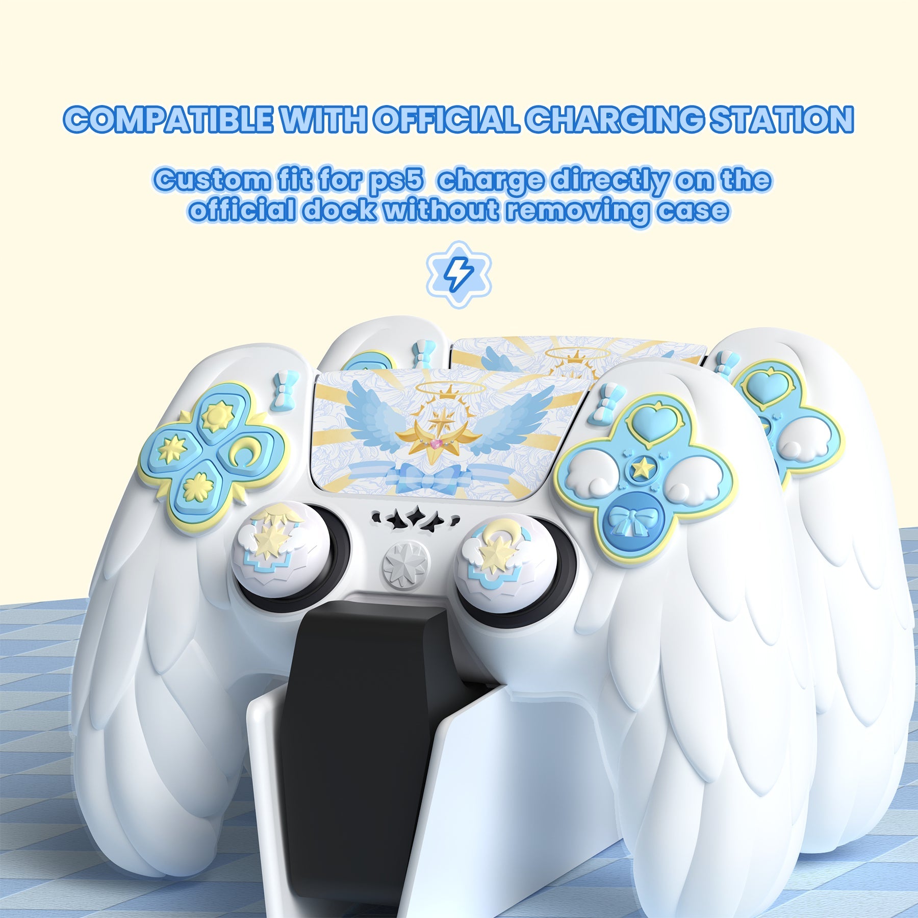 PlayVital Magic Wings Silicone Cover Skin for PS5 Controller with Thumbstick Caps & Themed Stickers, Charging Station Compatible - White PlayVital