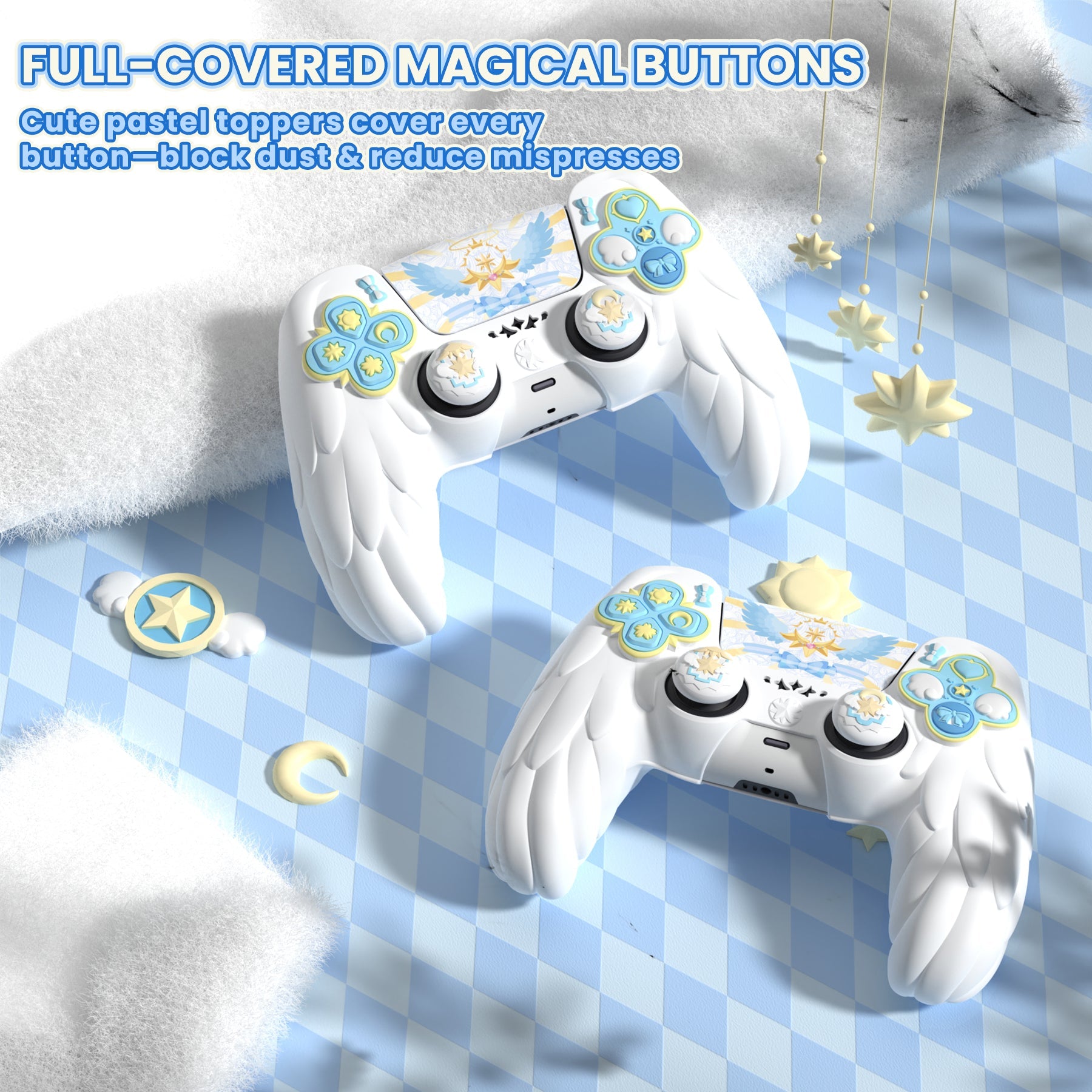 PlayVital Magic Wings Silicone Cover Skin for PS5 Controller with Thumbstick Caps & Themed Stickers, Charging Station Compatible - White PlayVital