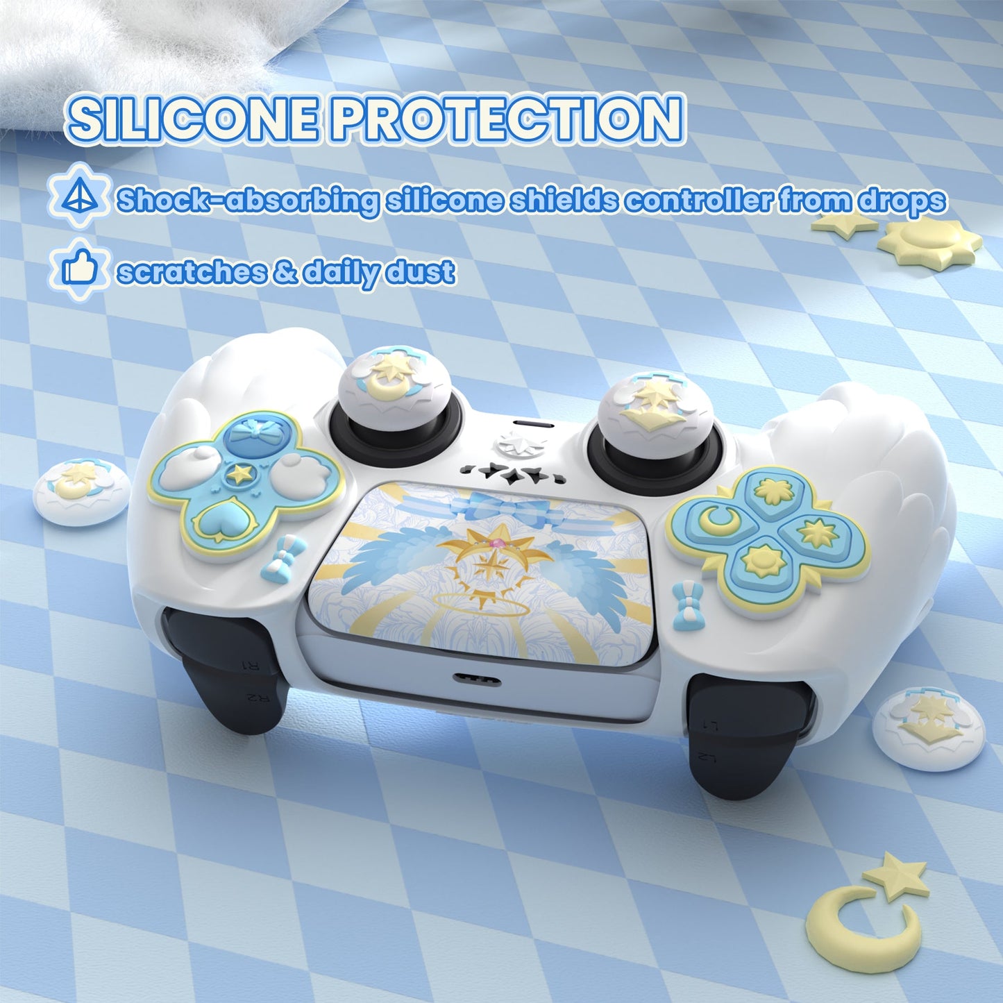 PlayVital Magic Wings Silicone Cover Skin for PS5 Controller with Thumbstick Caps & Themed Stickers, Charging Station Compatible - White PlayVital