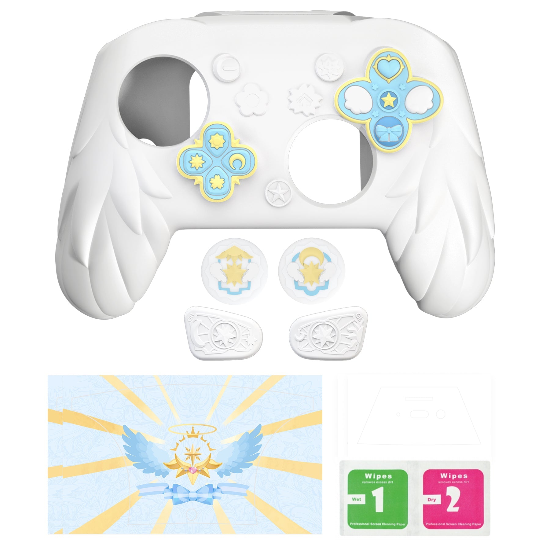 PlayVital Magic Wings Silicone Cover for Nintendo Switch 2 Pro Controller, Cute Protective Skin Case for Switch 2 Pro Controller with Back Button Caps & Thumb Grips & Stickers - White PlayVital