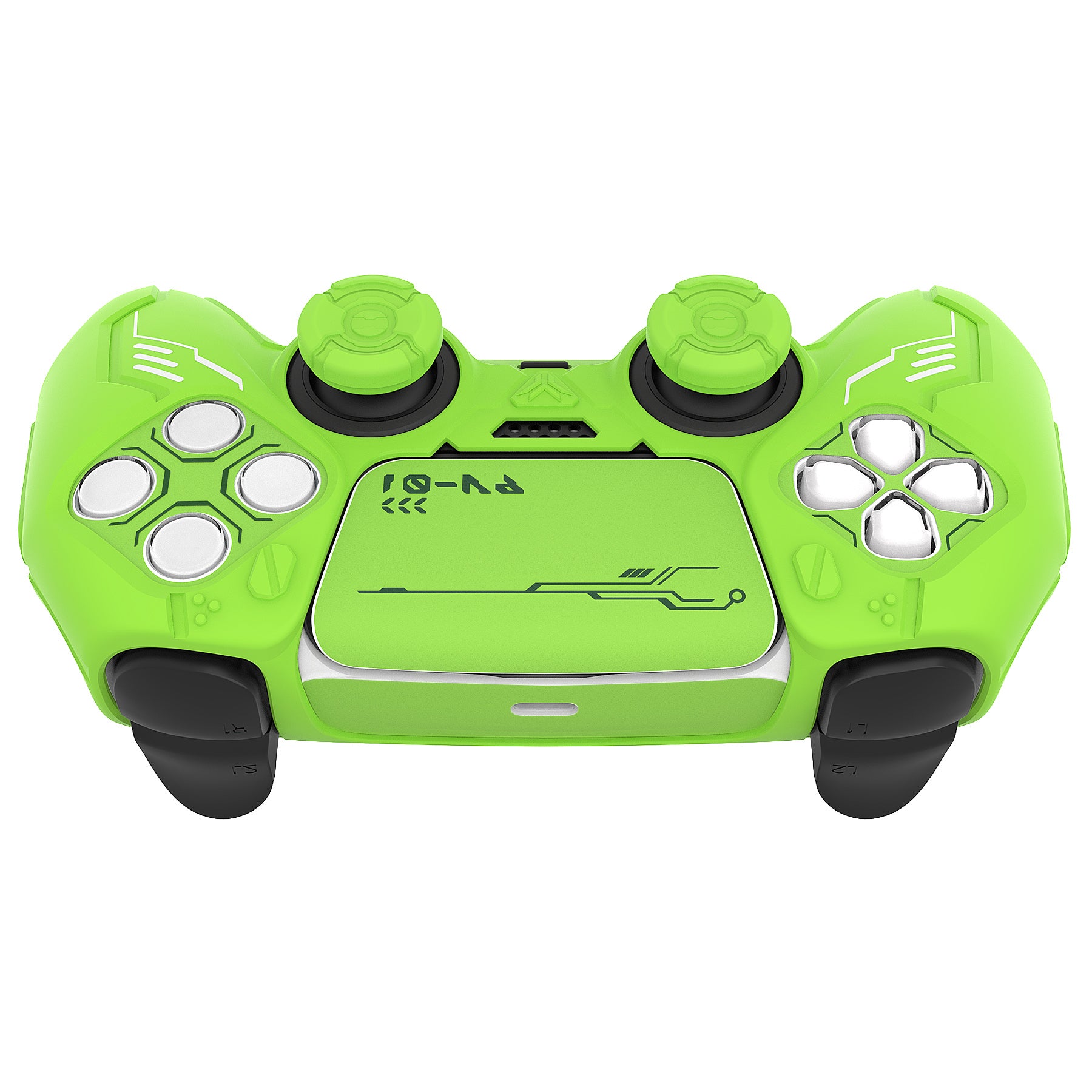 PlayVital Mecha Edition Anti-Slip Silicone Cover Skin with Matching Thumb Grips and Stickers for PS5 Wireless Controller - Compatible with Charging Station - Neon Green PlayVital
