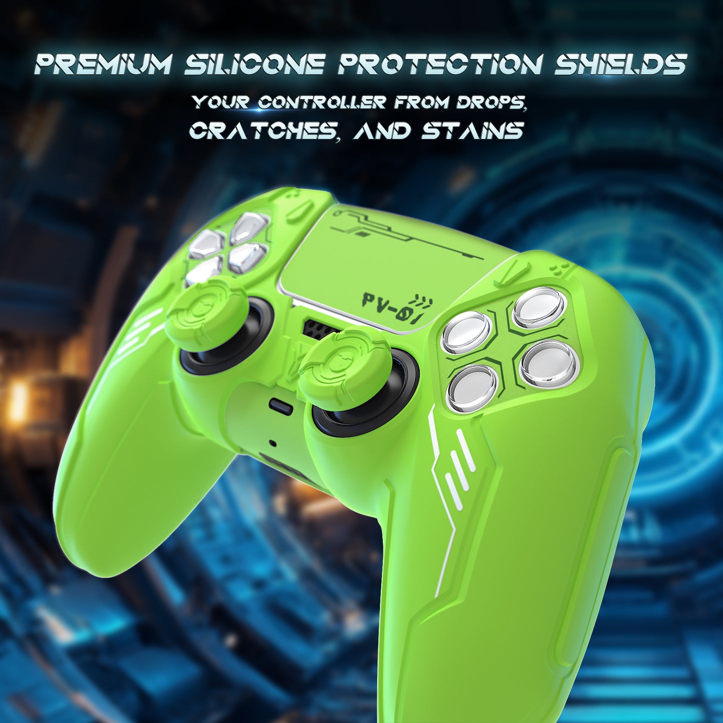 PlayVital Mecha Edition Silicone Cover with 2 Joystick Caps and 6 Stickers for PS5 Controller - Compatible with Charging Station - Neon Green