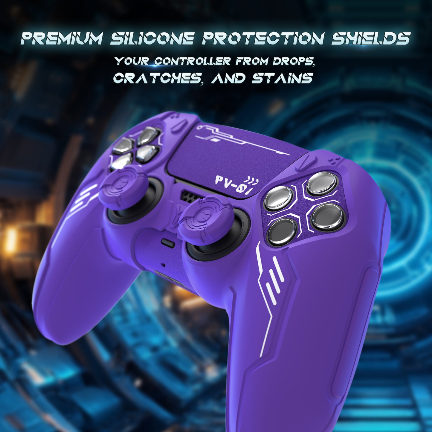 PlayVital Mecha Edition Silicone Cover with 2 Joystick Caps and 6 Stickers for PS5 Controller - Compatible with Charging Station - Purple