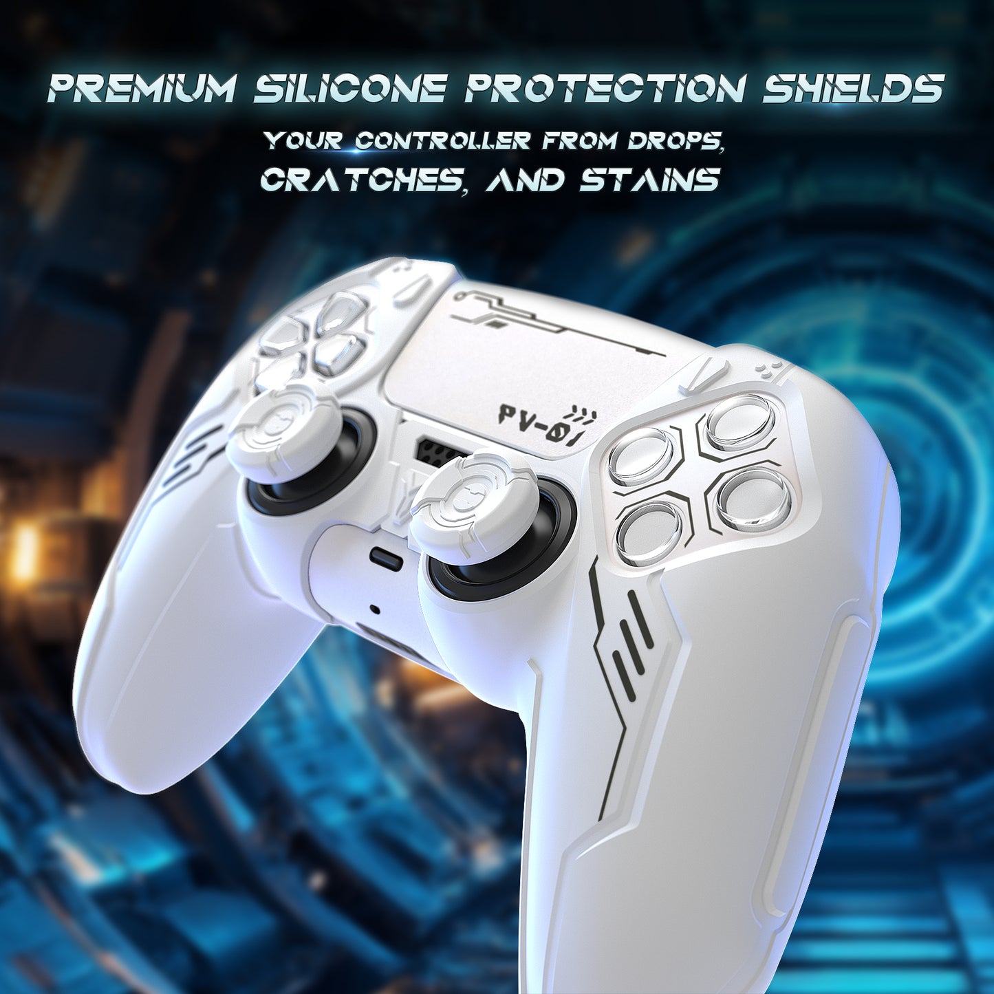 PlayVital Mecha Edition Silicone Cover with 2 Joystick Caps and 6 Stickers for PS5 Controller - Compatible with Charging Station - White