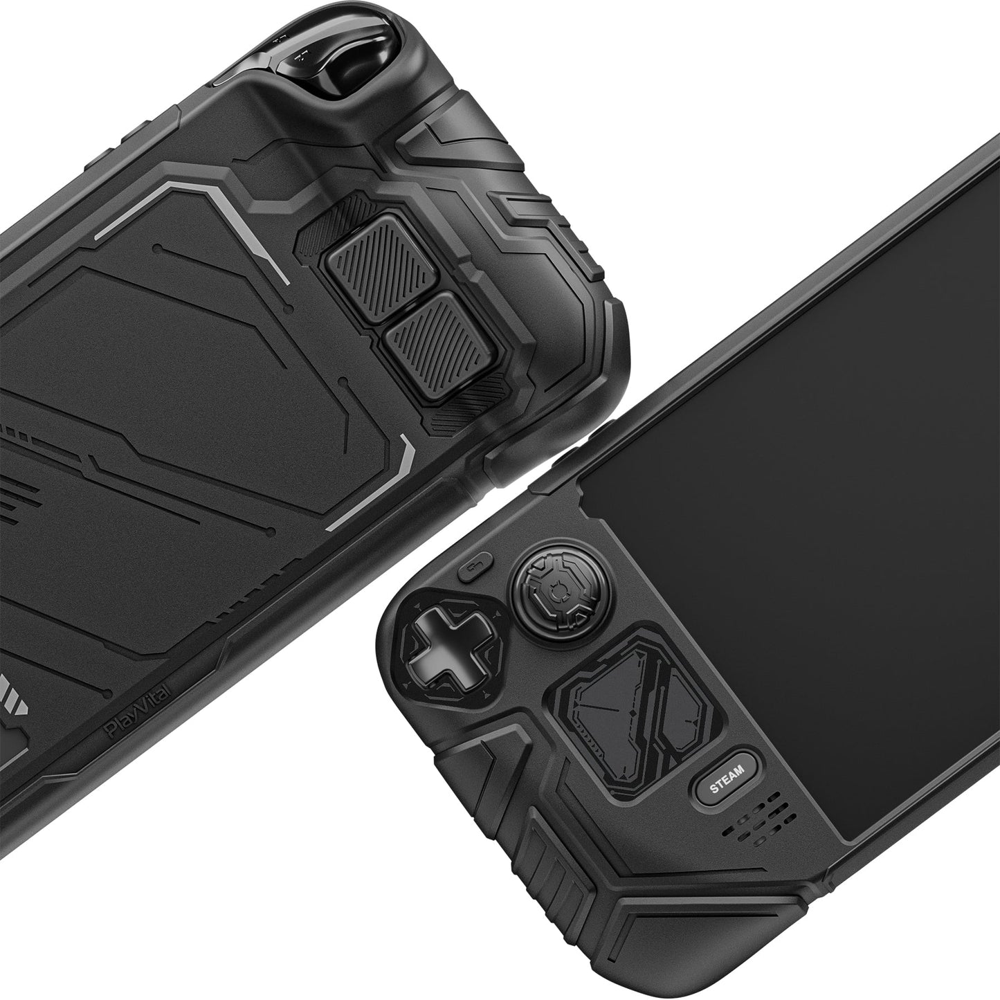 PlayVital Mecha Protective Case with Back Button Enhancement Set & Thumb Grips & Stickers for Steam Deck OLED & LCD - Black PlayVital