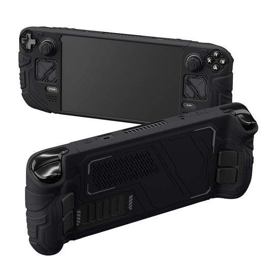 PlayVital Mecha Protective Case with Back Button Enhancement Set & Thumb Grips & Stickers for Steam Deck OLED & LCD - Black PlayVital