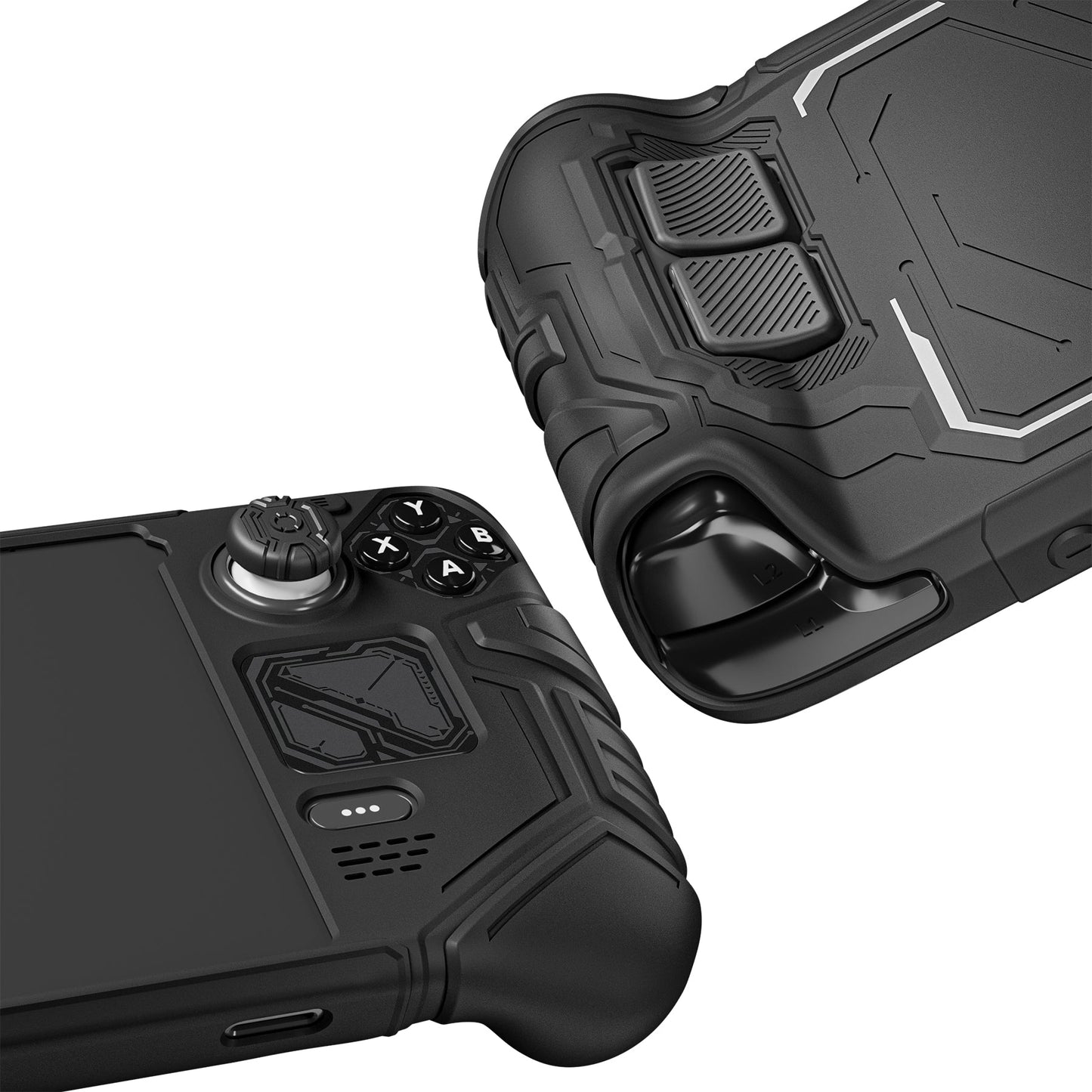 PlayVital Mecha Protective Case with Back Button Enhancement Set & Thumb Grips & Stickers for Steam Deck OLED & LCD - Black PlayVital
