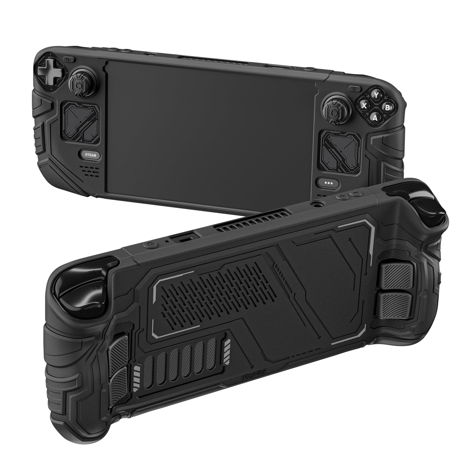 PlayVital Mecha Protective Case with Back Button Enhancement Set & Thumb Grips & Stickers for Steam Deck OLED & LCD - Black PlayVital