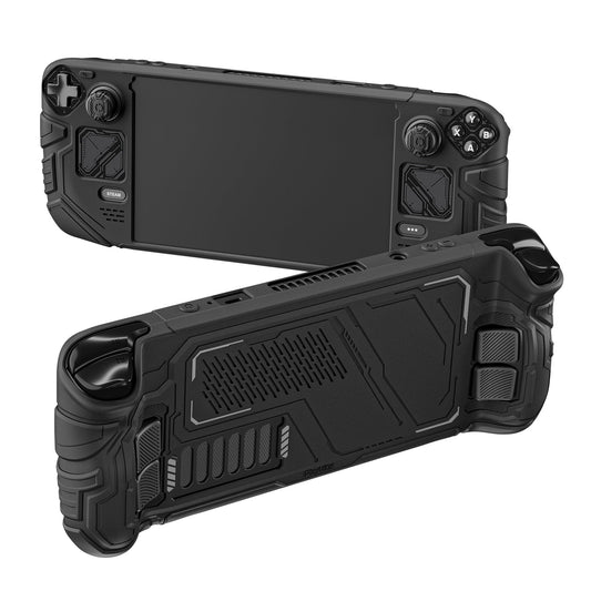 PlayVital Mecha Protective Case with Back Button Enhancement Set & Thumb Grips & Stickers for Steam Deck OLED & LCD - Black PlayVital