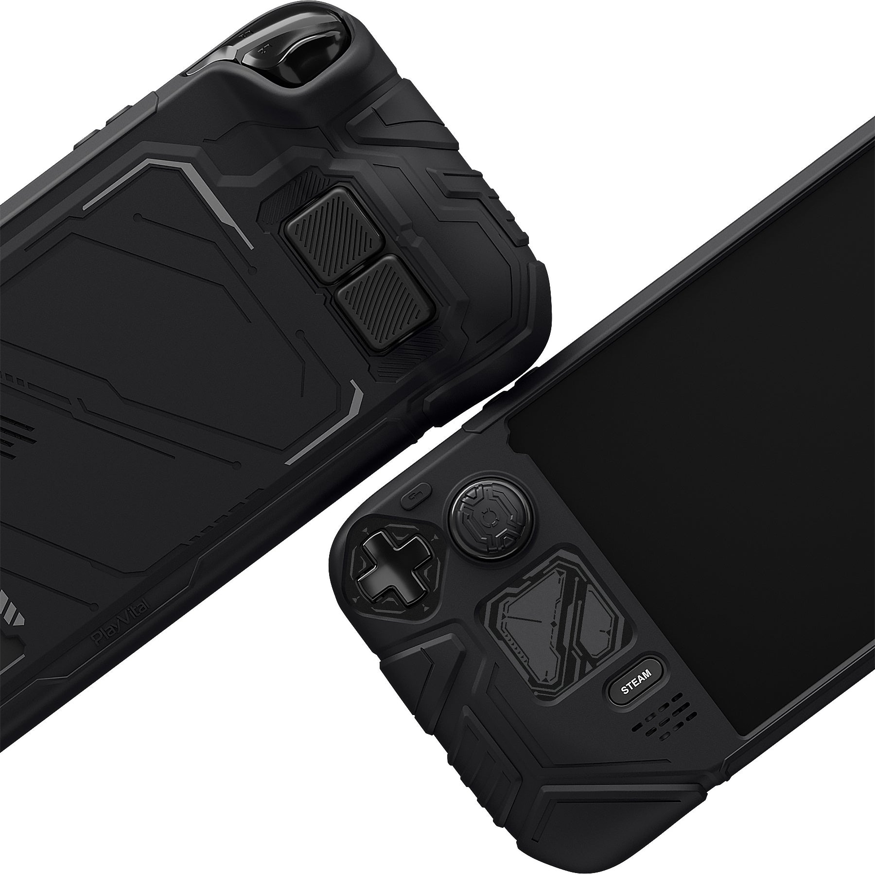 PlayVital Mecha Protective Case with Back Button Enhancement Set & Thumb Grips & Stickers for Steam Deck OLED & LCD - Black PlayVital