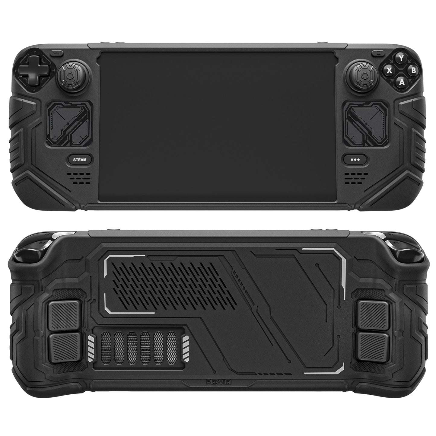 PlayVital Mecha Protective Case with Back Button Enhancement Set & Thumb Grips & Stickers for Steam Deck OLED & LCD - Black PlayVital