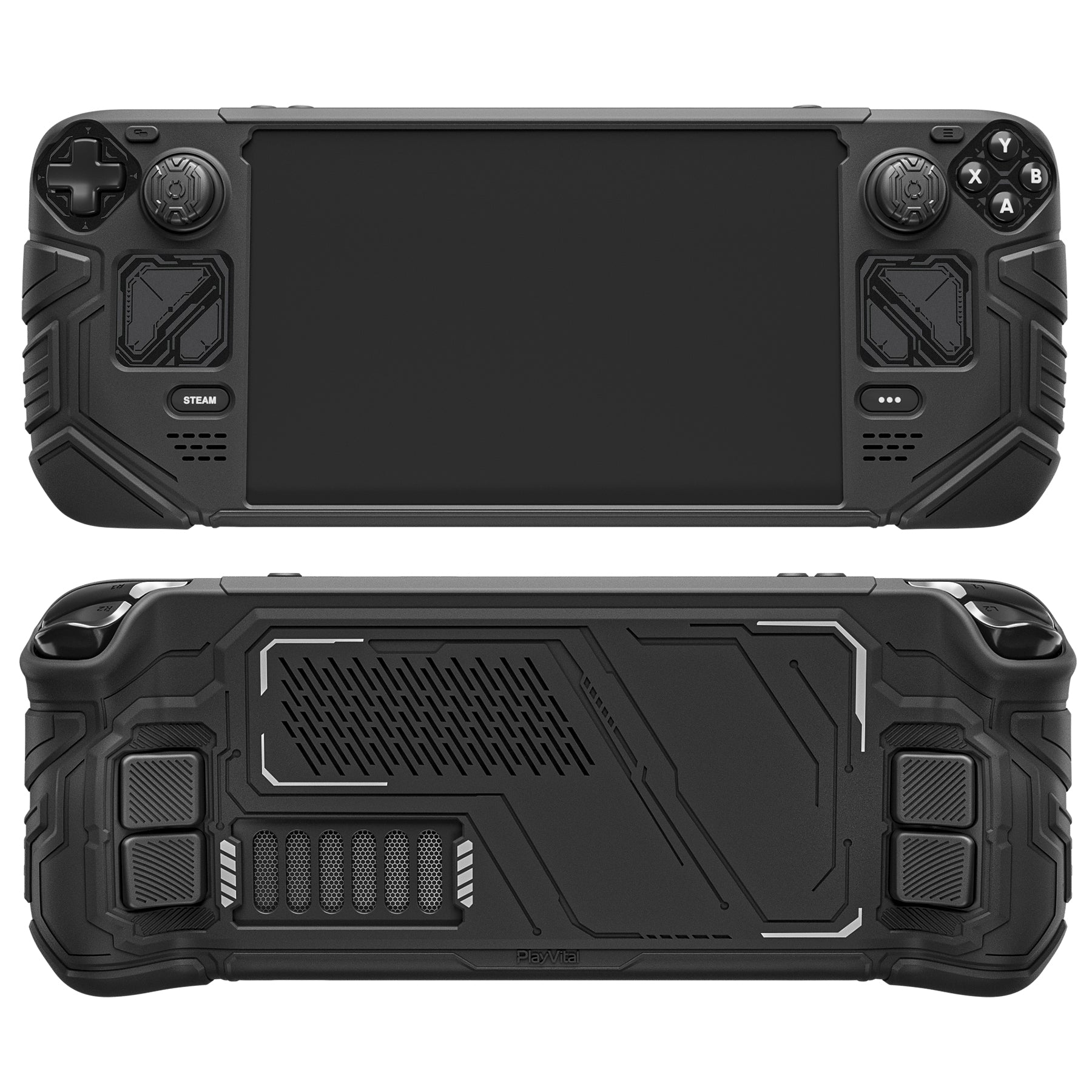 PlayVital Mecha Protective Case with Back Button Enhancement Set & Thumb Grips & Stickers for Steam Deck OLED & LCD - Black PlayVital
