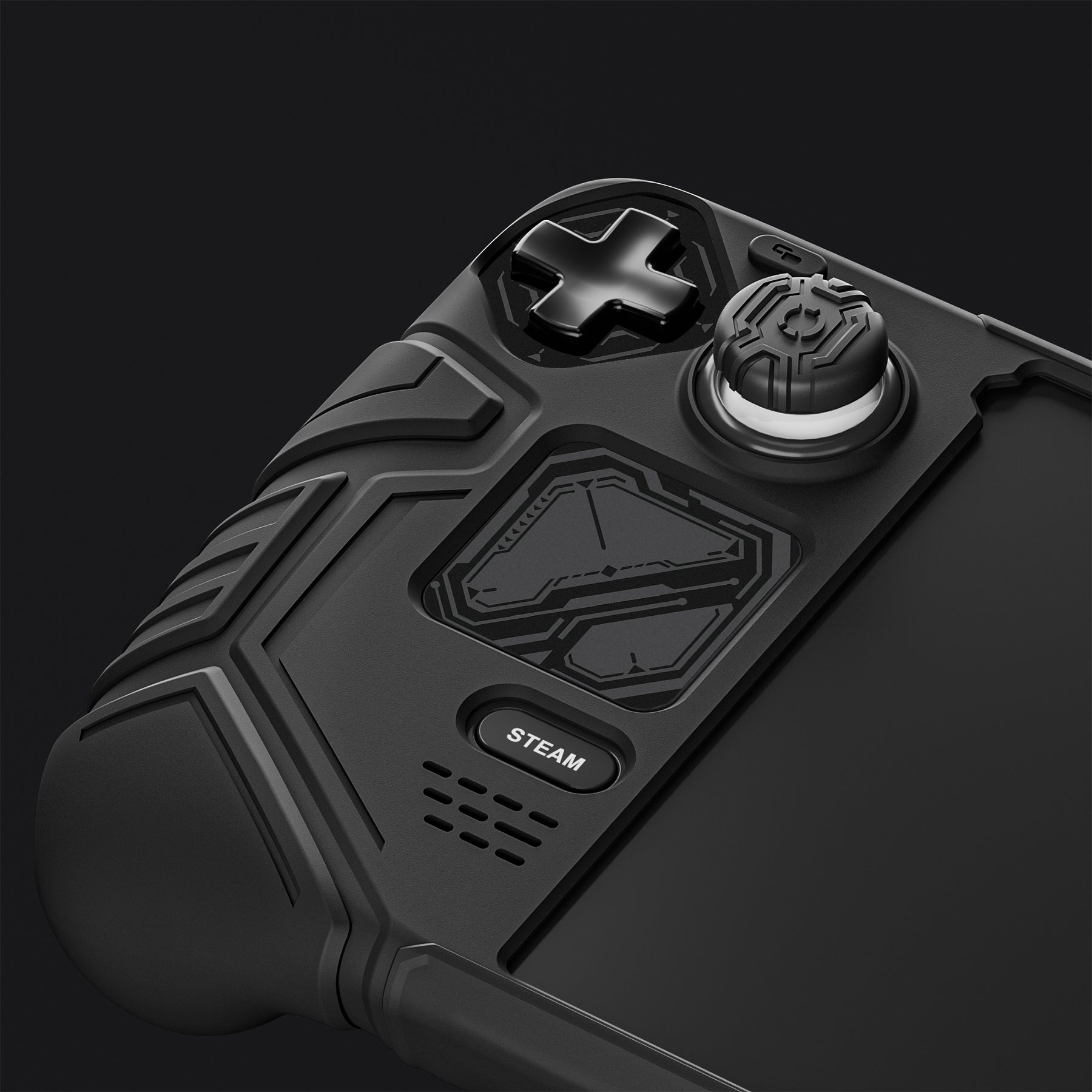 PlayVital Mecha Protective Case with Back Button Enhancement Set & Thumb Grips & Stickers for Steam Deck OLED & LCD - Black PlayVital