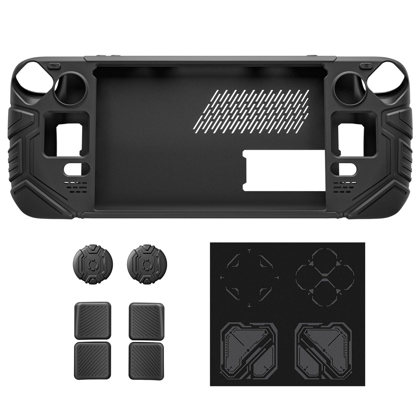 PlayVital Mecha Protective Case with Back Button Enhancement Set & Thumb Grips & Stickers for Steam Deck OLED & LCD - Black PlayVital