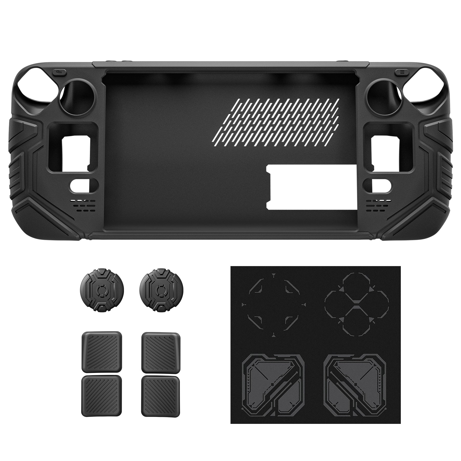 PlayVital Mecha Protective Case with Back Button Enhancement Set & Thumb Grips & Stickers for Steam Deck OLED & LCD - Black PlayVital