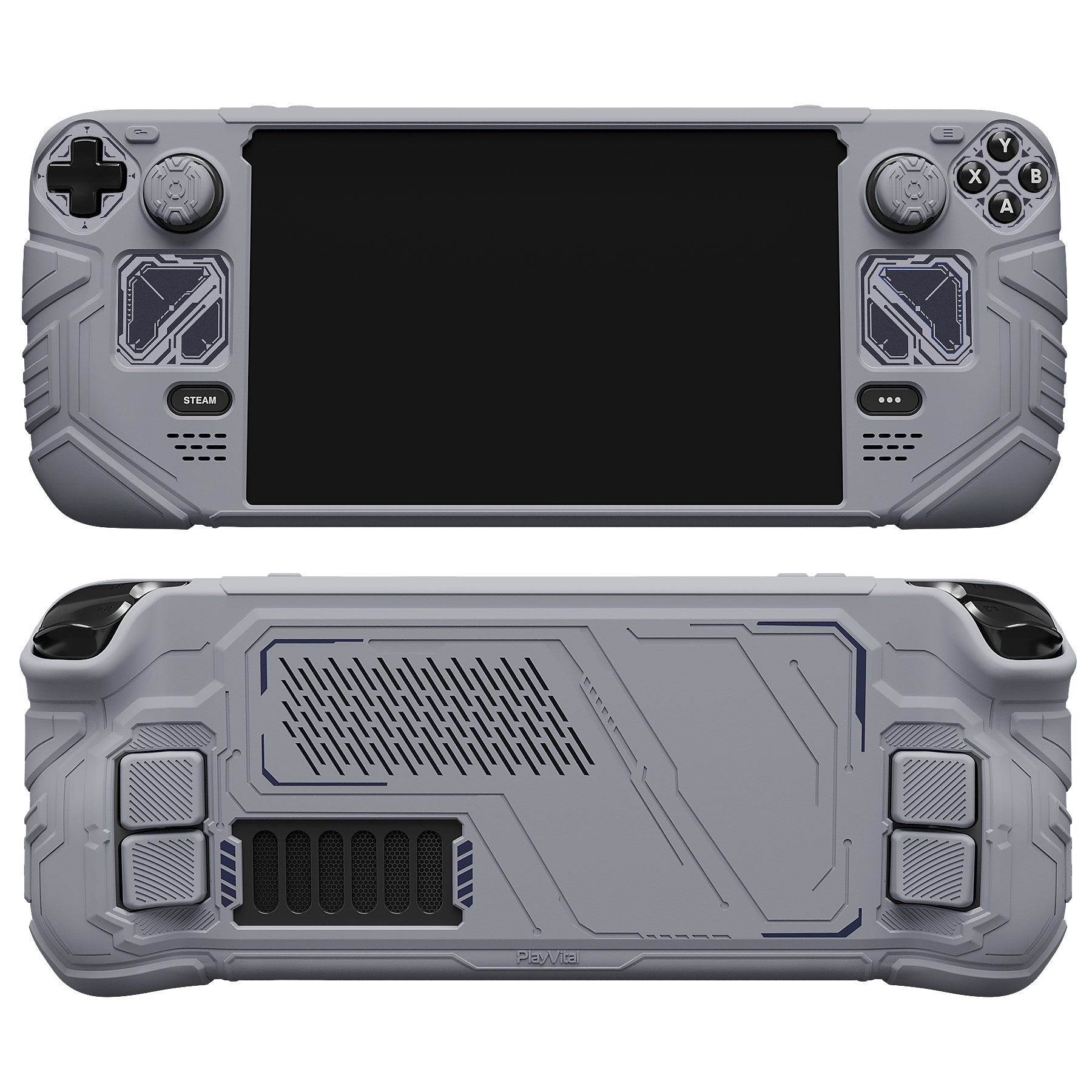 PlayVital Mecha Protective Case with Back Button Enhancement Set & Thumb Grips & Stickers for Steam Deck OLED & LCD - Gray PlayVital