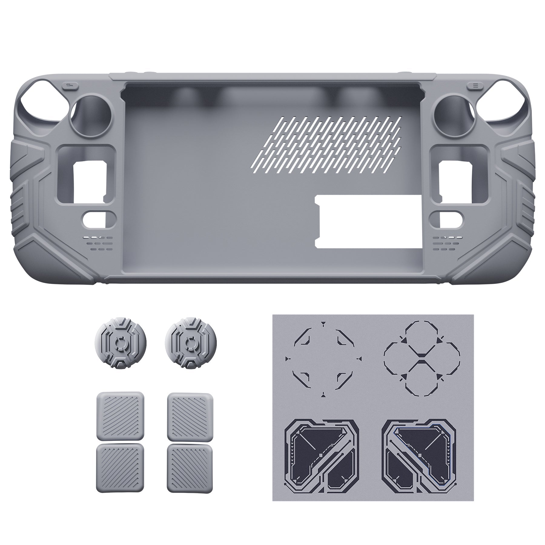 PlayVital Mecha Protective Case with Back Button Enhancement Set & Thumb Grips & Stickers for Steam Deck OLED & LCD - Gray PlayVital