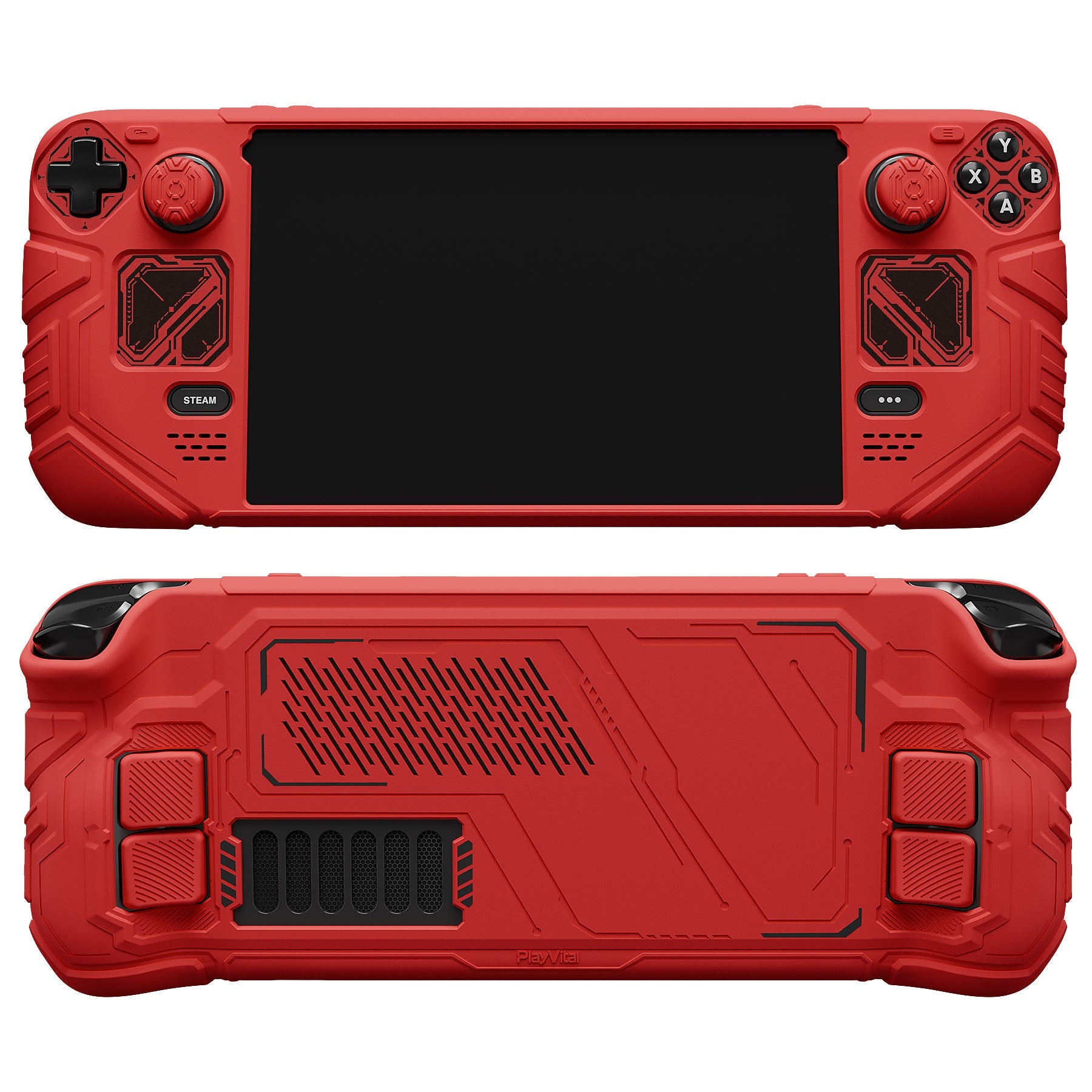 PlayVital Mecha Protective Case with Back Button Enhancement Set & Thumb Grips & Stickers for Steam Deck OLED & LCD - Red PlayVital