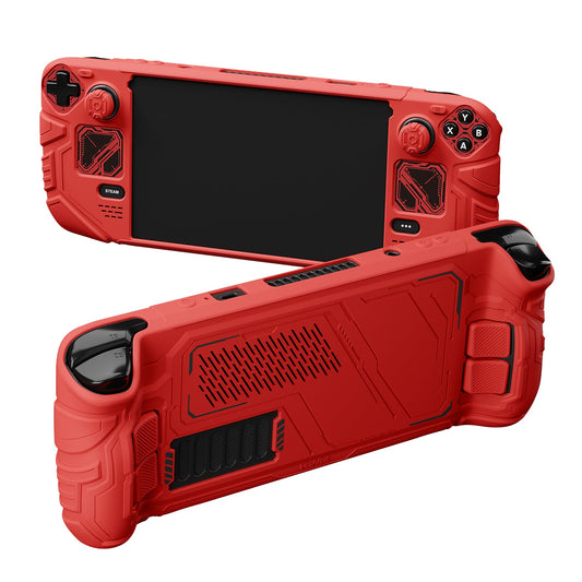 PlayVital Mecha Protective Case with Back Button Enhancement Set & Thumb Grips & Stickers for Steam Deck OLED & LCD - Red PlayVital