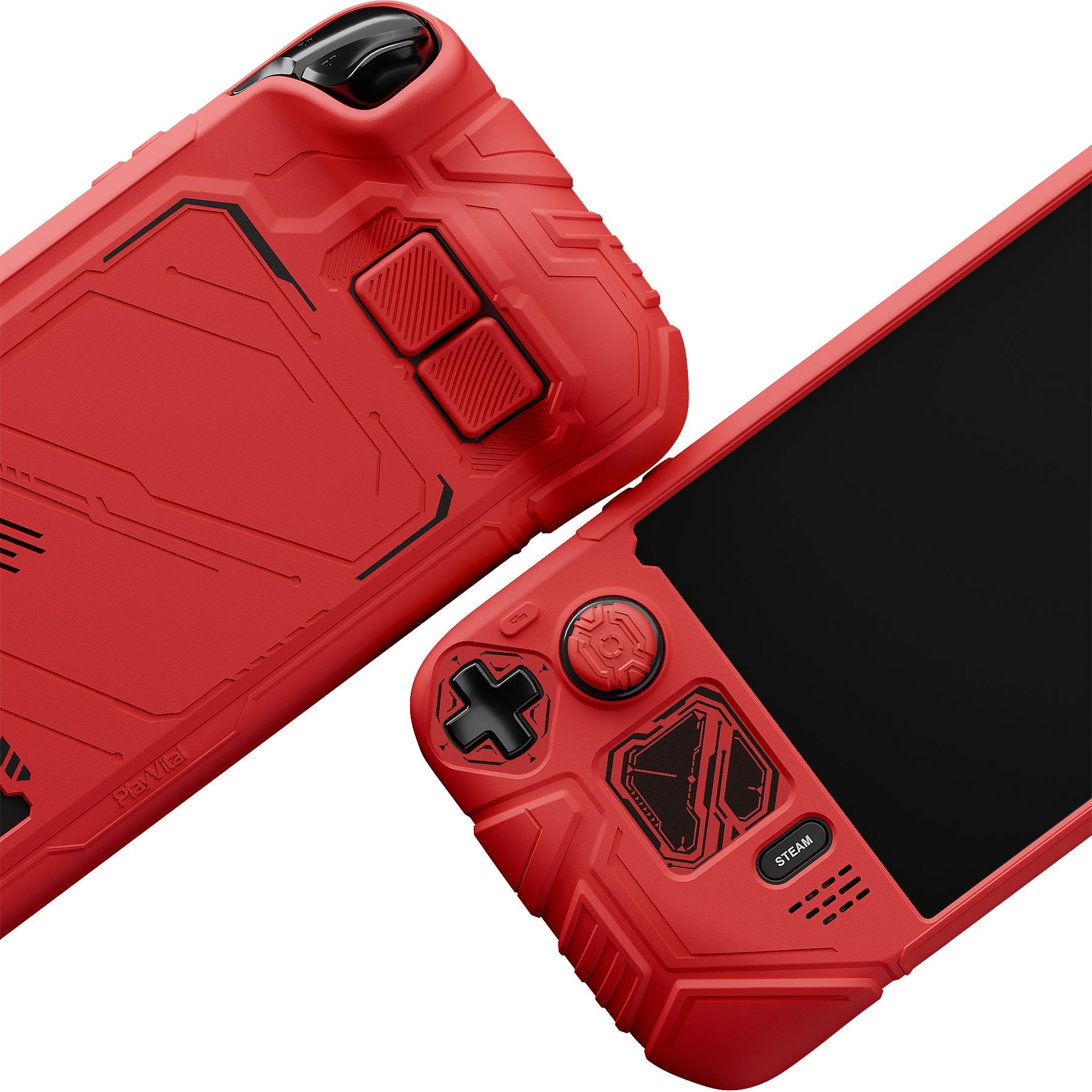 PlayVital Mecha Protective Case with Back Button Enhancement Set & Thumb Grips & Stickers for Steam Deck OLED & LCD - Red PlayVital