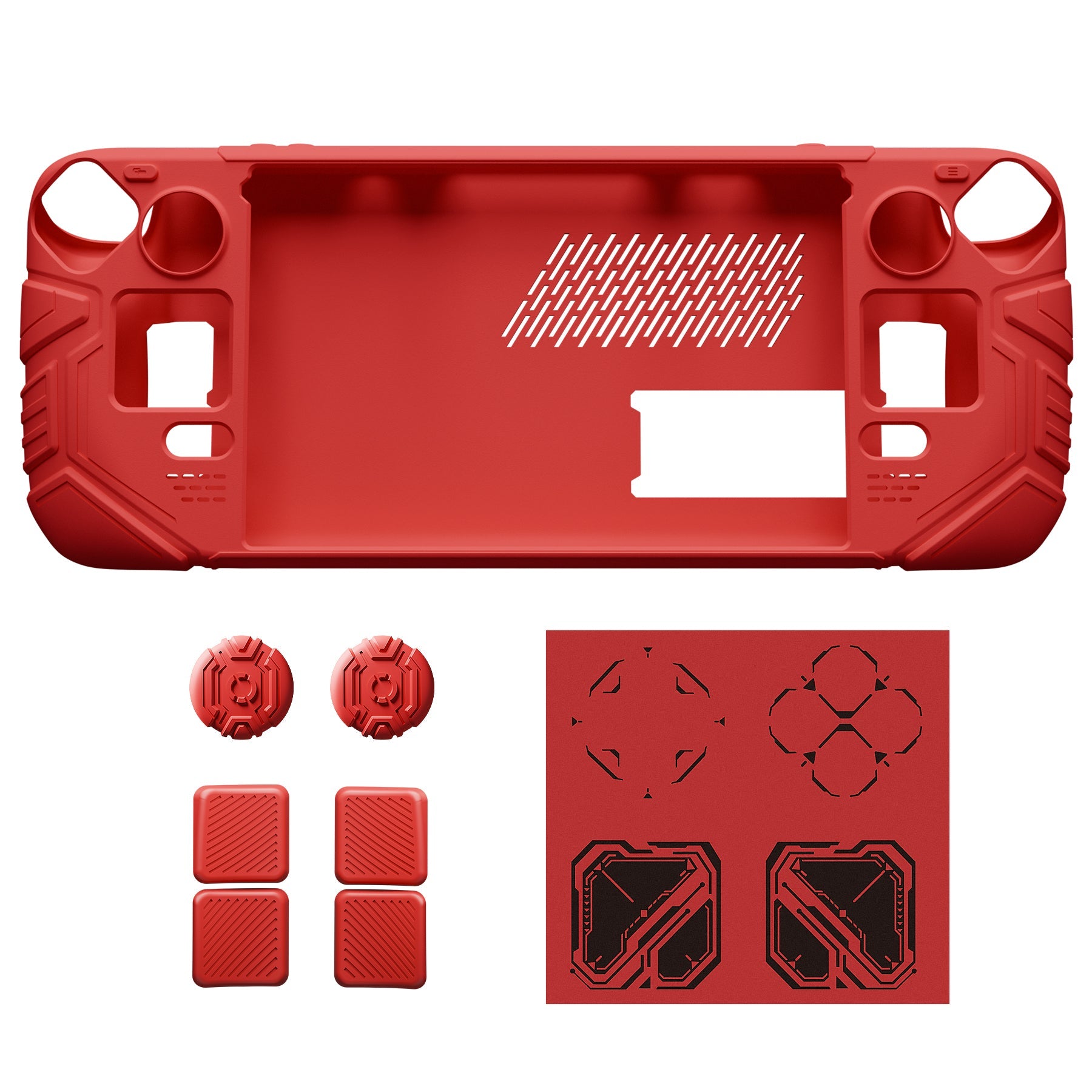 PlayVital Mecha Protective Case with Back Button Enhancement Set & Thumb Grips & Stickers for Steam Deck OLED & LCD - Red PlayVital