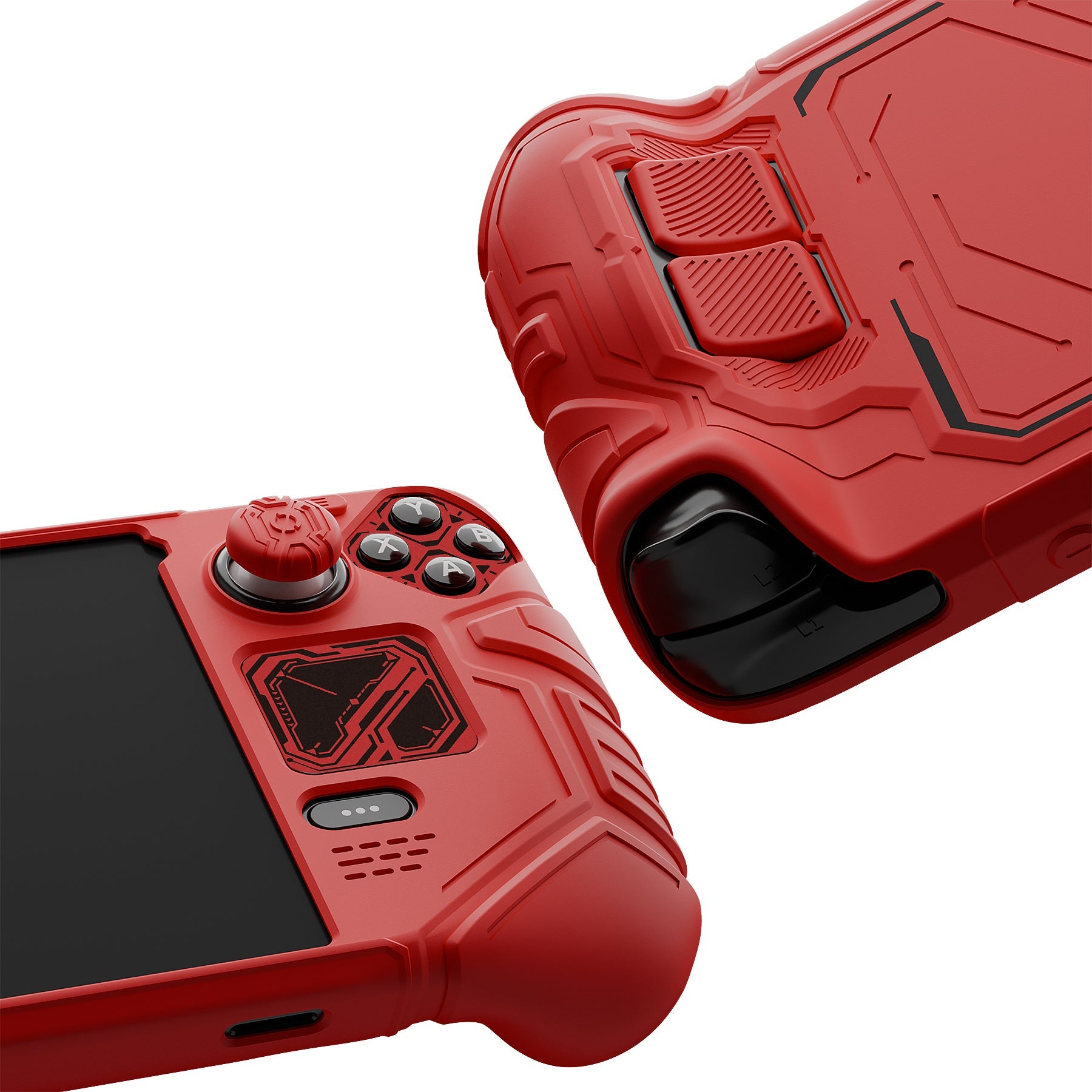 PlayVital Mecha Protective Case with Back Button Enhancement Set & Thumb Grips & Stickers for Steam Deck OLED & LCD - Red PlayVital