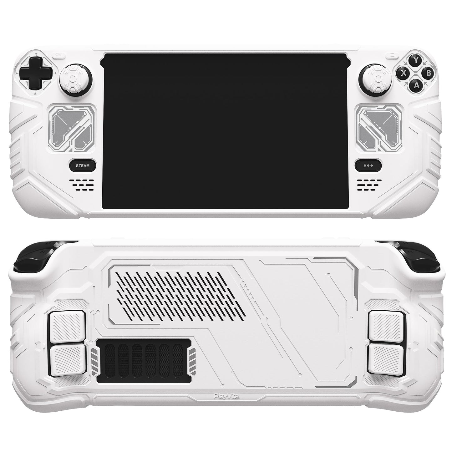 PlayVital Mecha Protective Case with Back Button Enhancement Set & Thumb Grips & Stickers for Steam Deck OLED & LCD - White PlayVital