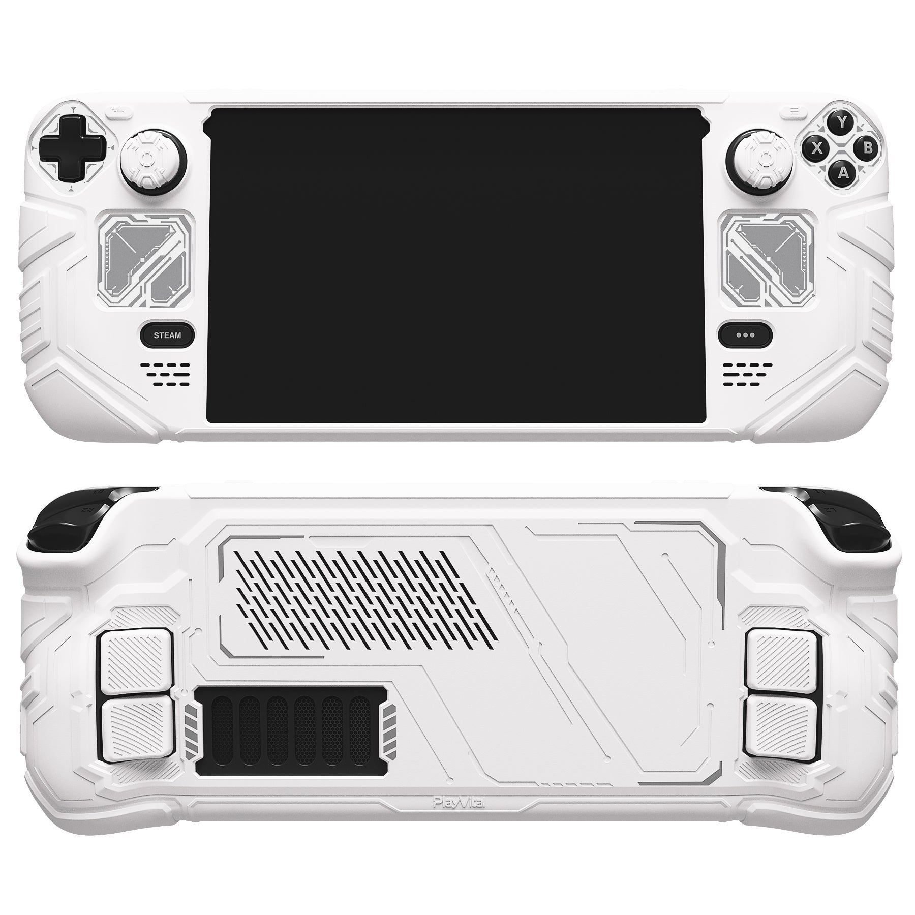 PlayVital Mecha Protective Case with Back Button Enhancement Set & Thumb Grips & Stickers for Steam Deck OLED & LCD - White PlayVital