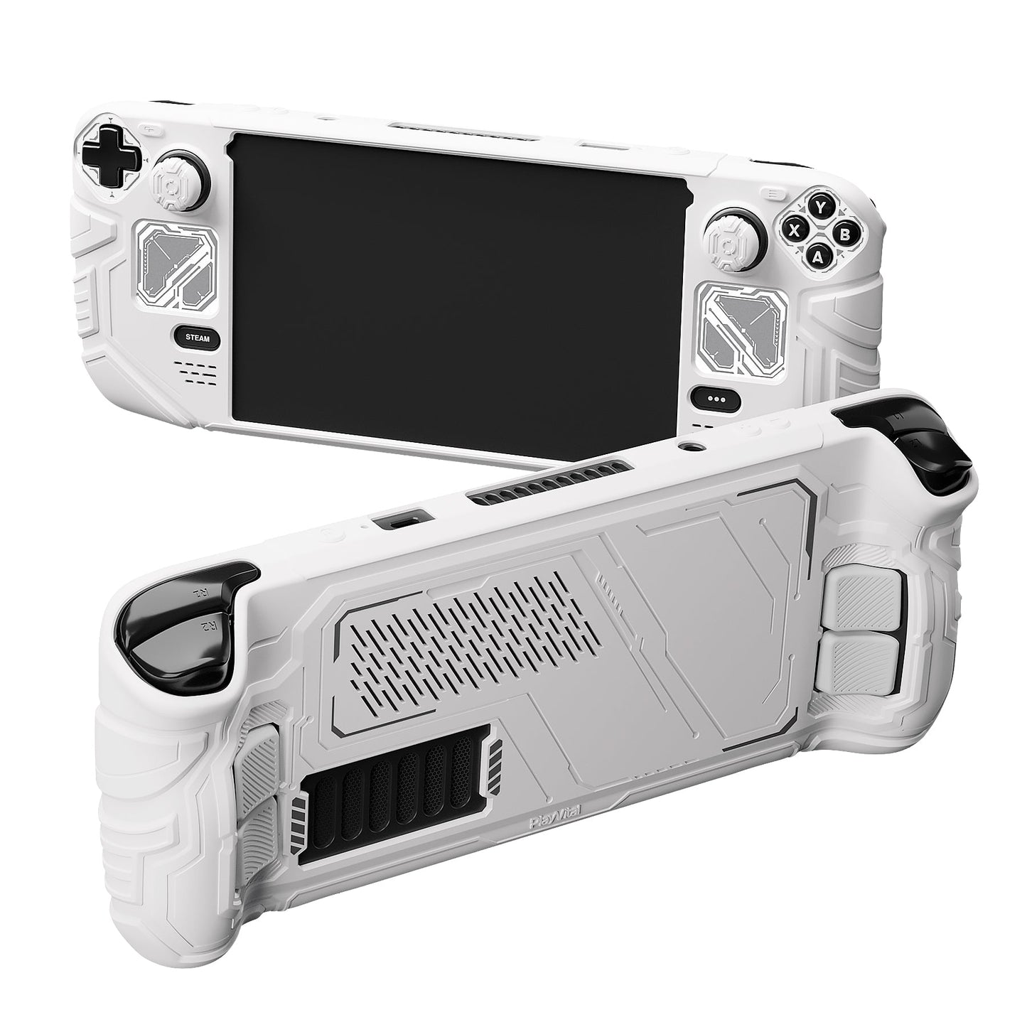 PlayVital Mecha Protective Case with Back Button Enhancement Set & Thumb Grips & Stickers for Steam Deck OLED & LCD - White PlayVital