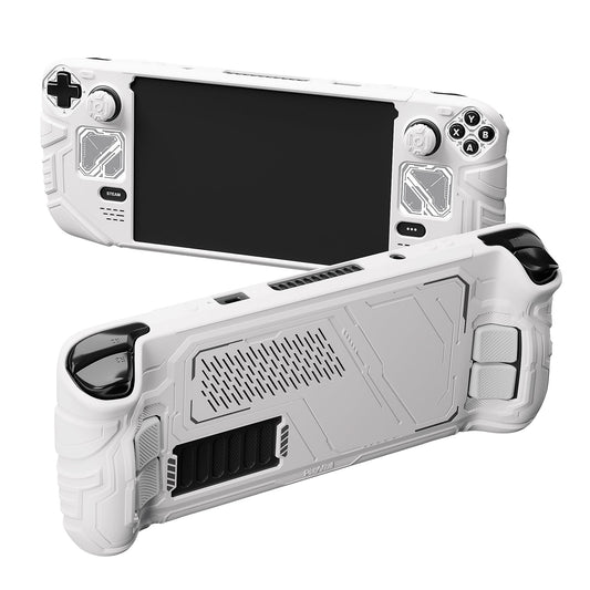 PlayVital Mecha Protective Case with Back Button Enhancement Set & Thumb Grips & Stickers for Steam Deck OLED & LCD - White PlayVital